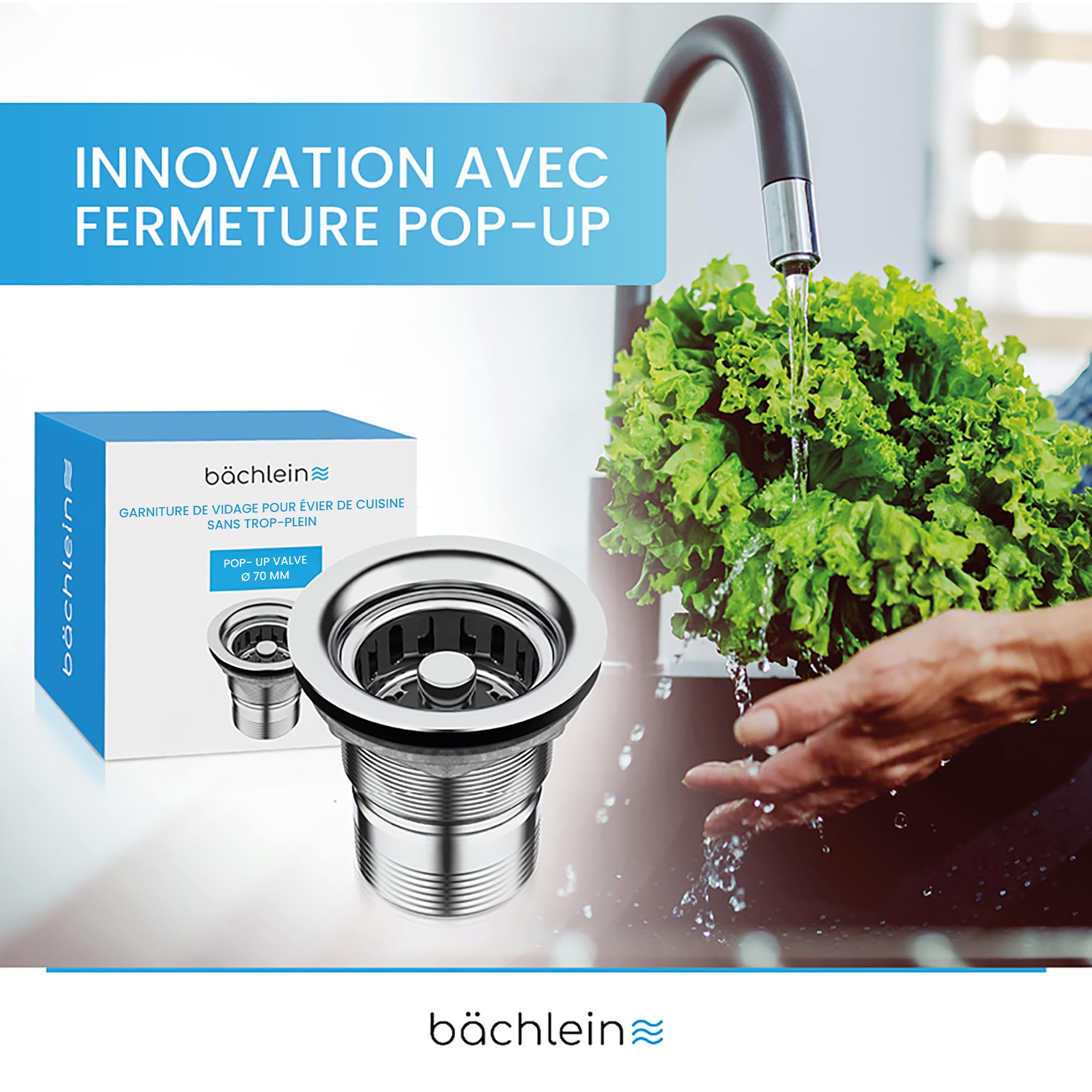 Bächlein Bonde de vidange Pop Up sans trop-Plein pour l'évier [Ø 70 mm], Pop Up pour la Cuisine, vidage d'évier en Acier Inoxydable Poli, bonde de trop-Plein, Valve de vidange, Bouchon de vidange