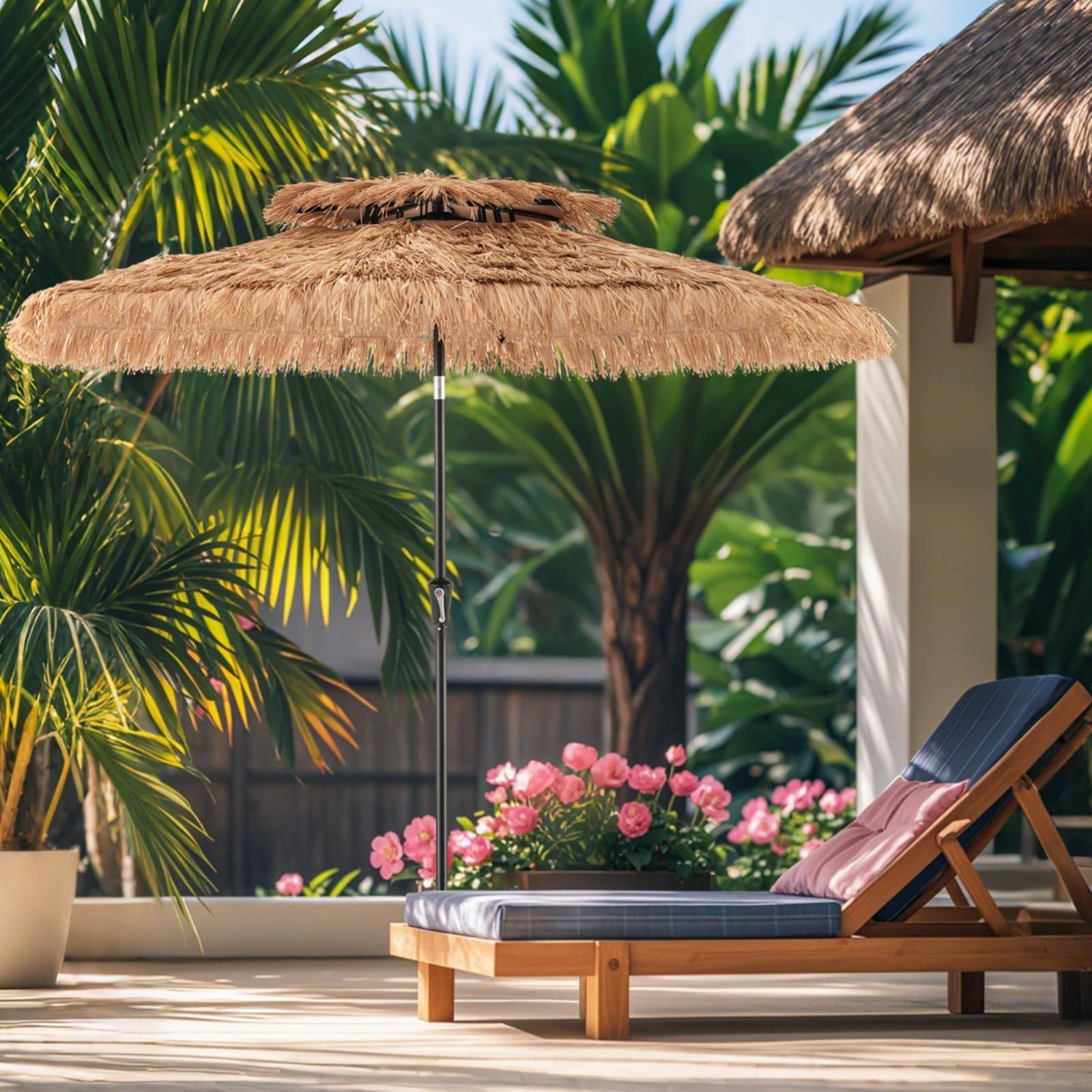 FANTASK Parasol przeciwsłoneczny Hawaii z 2-stopniową regulacją wysokości, doskonałe zacienienie UV, słomiany parasol z podwójnym dachem, odchylany parasol ogrodowy, brązowy, 270CM, Tropikalny