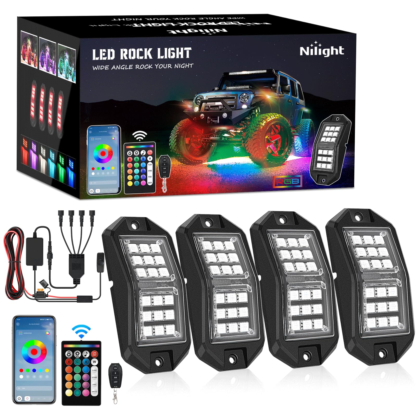 Nilight RGB LED Rock Lights Kit 4 PCS 18LED Wide Angle Wheel Well Light with Remote & Bluetooth App Dual Control Multi Modes Underglow Multicolor Neon Pod for ATV UTV SUV Offroad Truck RZR Boat