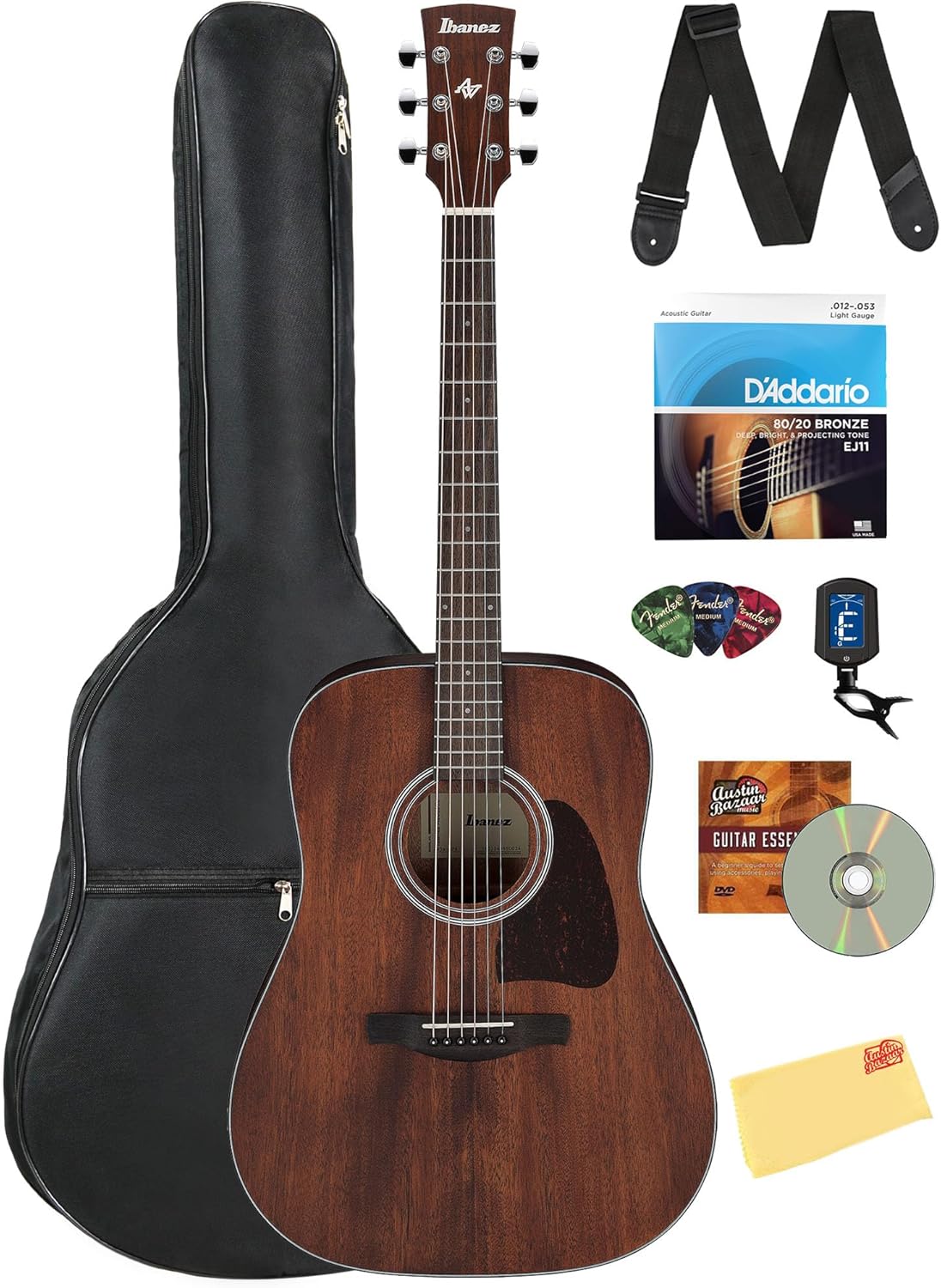 Ibanez AW54 Artwood Traditional Dreadnought Acoustic Guitar - Open Pore Natural Bundle with Gig Bag, Tuner, Strap, D'Addario Strings, Picks, Austin Bazaar Instructional DVD, and Polishing Cloth