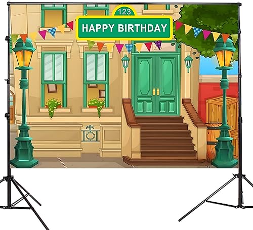 Miniatura 2 de Telón de fondo de fotografía de feliz cumpleaños con tema de calle de dibujos animados, pared de ladrillo para niños, fiesta de bebé, baby shower,