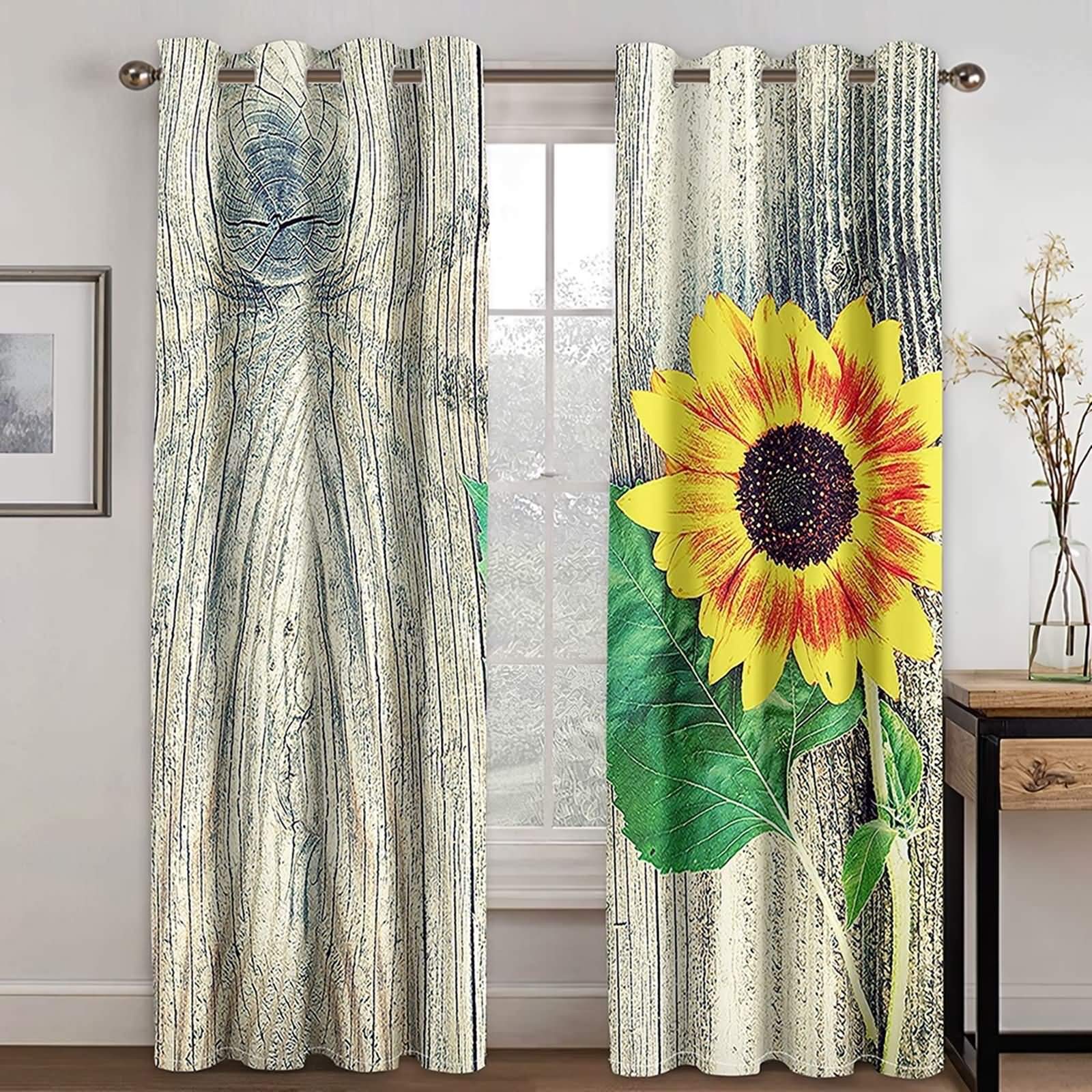 KnSam Rideau Isolation Thermique pour Chambre Salon, 132x214CM x 2PCS, Rideau Imprimé Tournesol Beige Vert Jaune