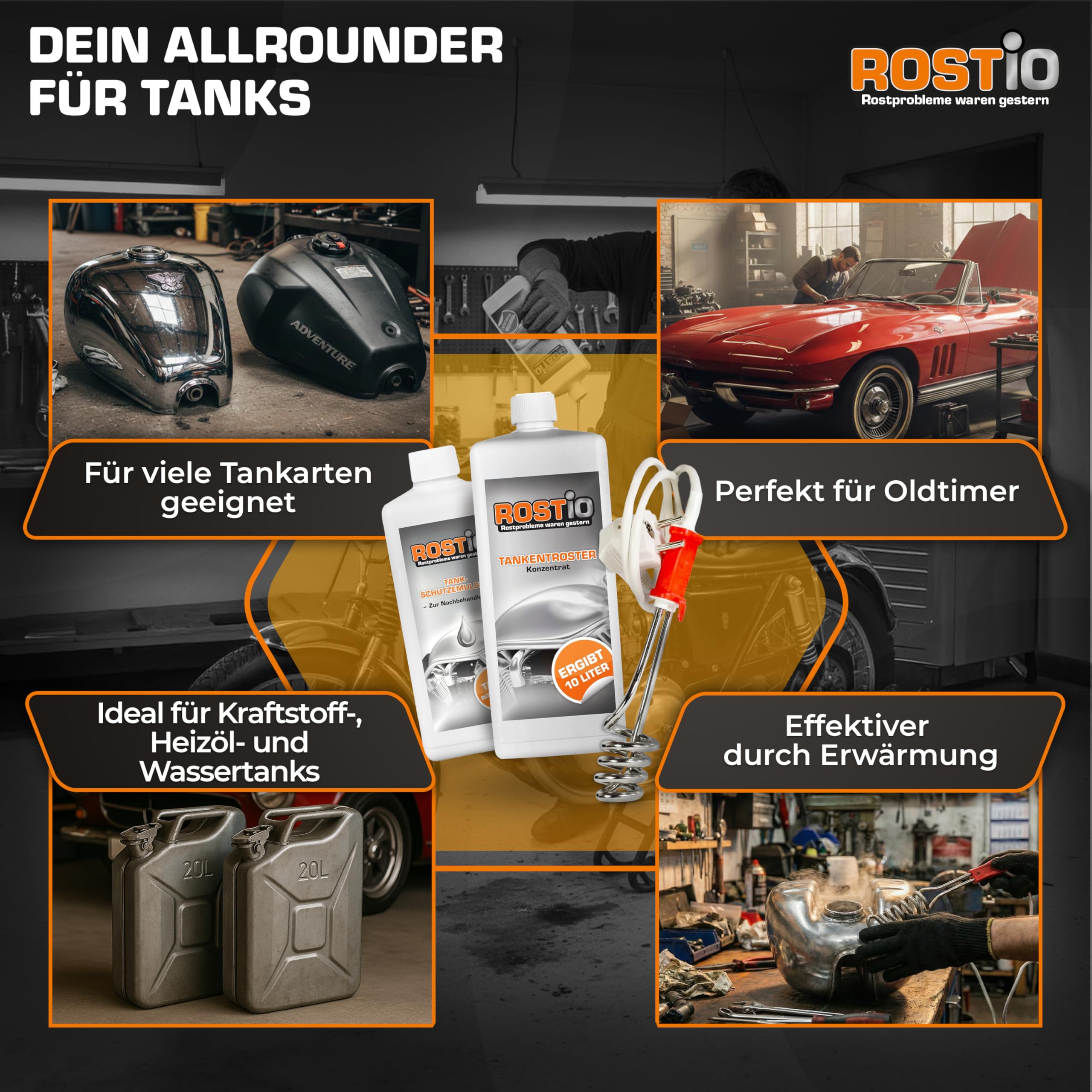 Rostio Tankentroster-Set 1L – inkl. Tank-Schutzemulsion 500 ml + Tauchsieder – hochergiebig (1 : 10) – für Tanks bis 10L – Rostentferner & Korrosionsschutz – Entrostung auch bei starkem Rost