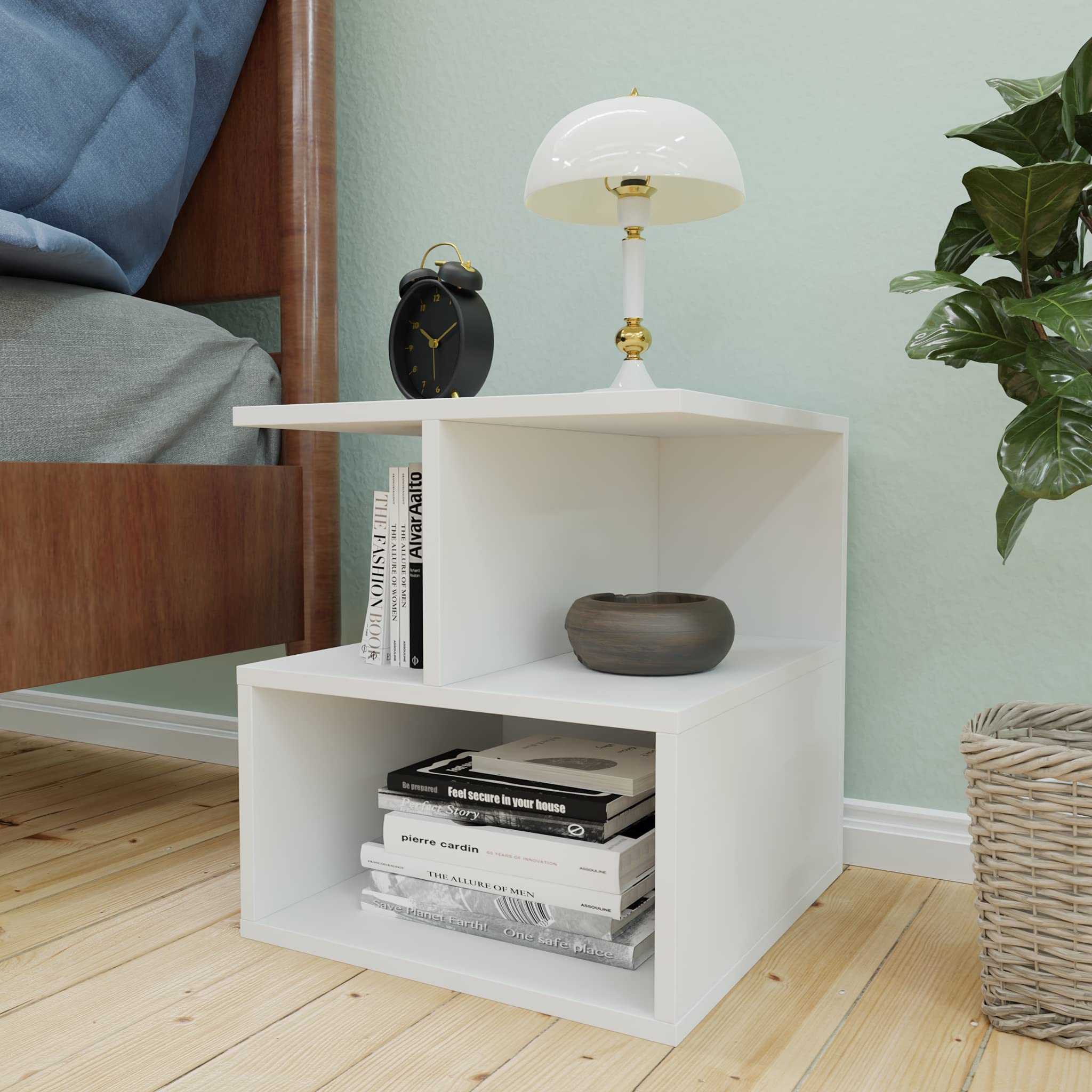 VIKI | Nestiva Bedside Table for Bedroom & Living Room, Compact Nightstand with Storage Shelf (W 40x D 40x H 45 cms) Frosty White-image-3