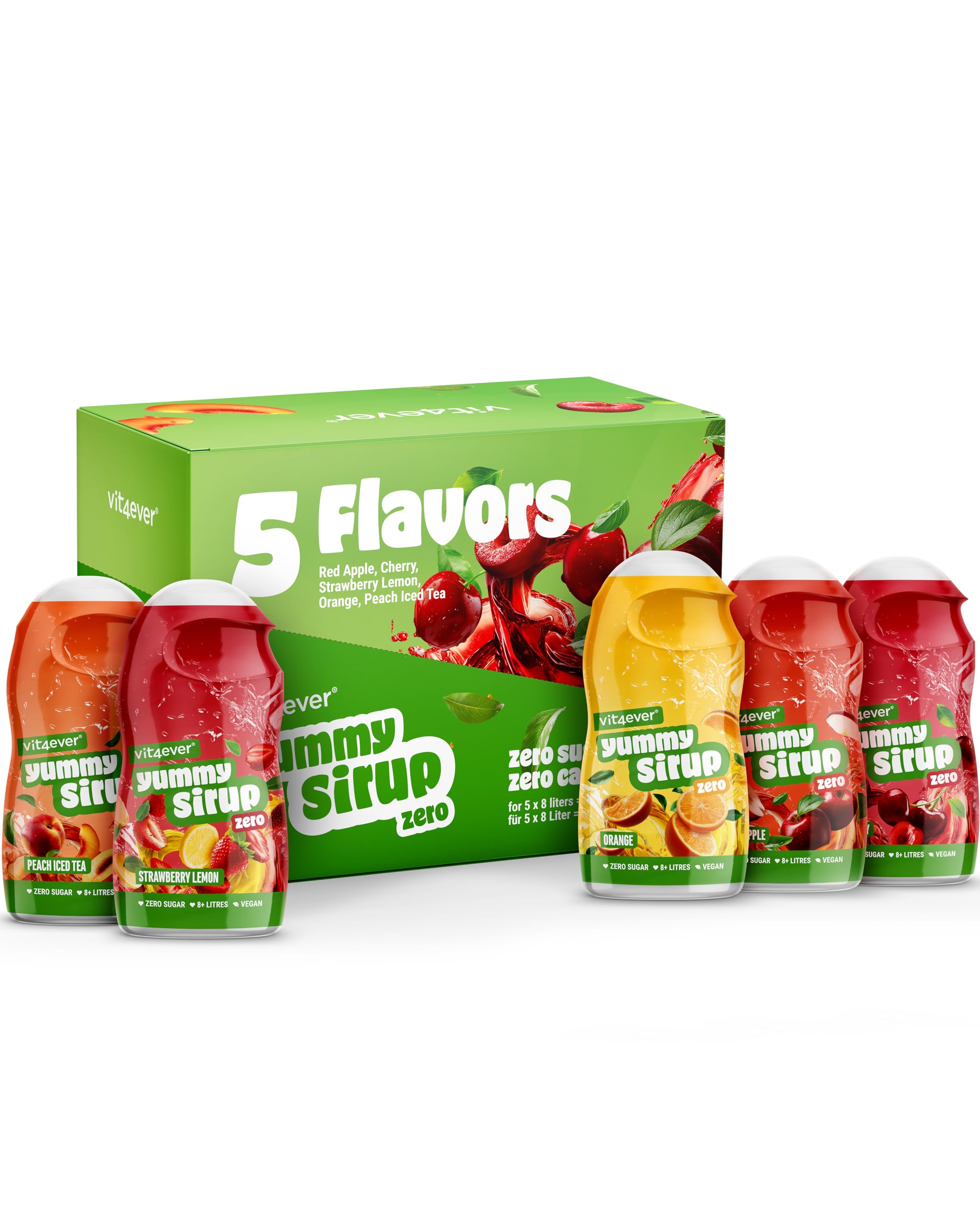 vit4ever Yummy Sirup Zero Mixed Set, 10 x 65ml, zuckerfrei und praktisch ohne Kalorien, mit nur 1kcal je 100ml Wasser-Sirup-Mischung, hochkonzentriert, für 8 l Fertiggetränk, vegan | 1 kcal je 100 ml, hochkonzentriert, für 8 l Fertiggetränk, vegan