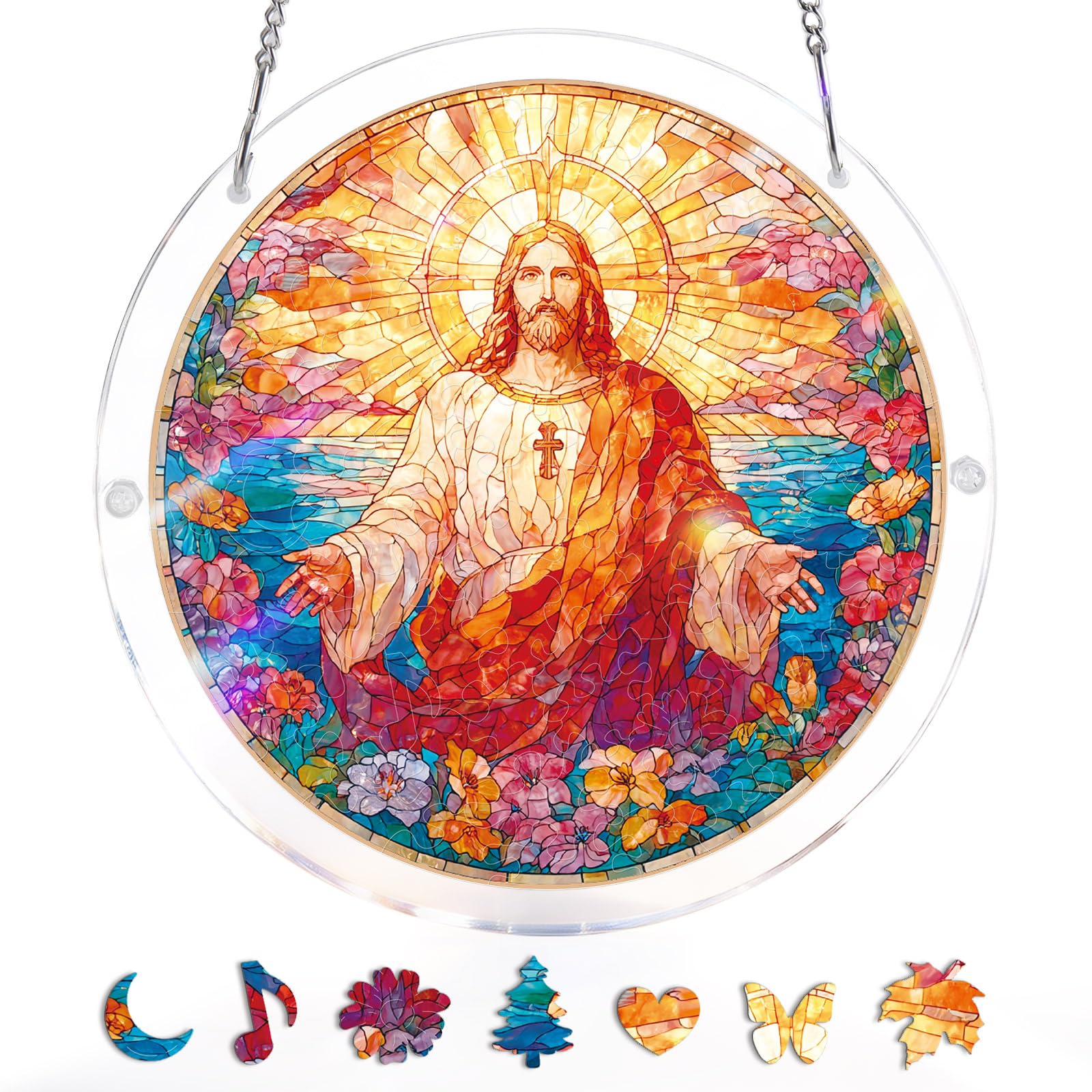 Blumuze Acrylic Puzzle for Adult Window Hanging,Acrylic Suncatcher Wall Hanging,Sun Catcher Stained Glass Acrylic Puzzle Decoration Birthday Gift for Women Men (Holy Light of Jesus, 7.4 in)