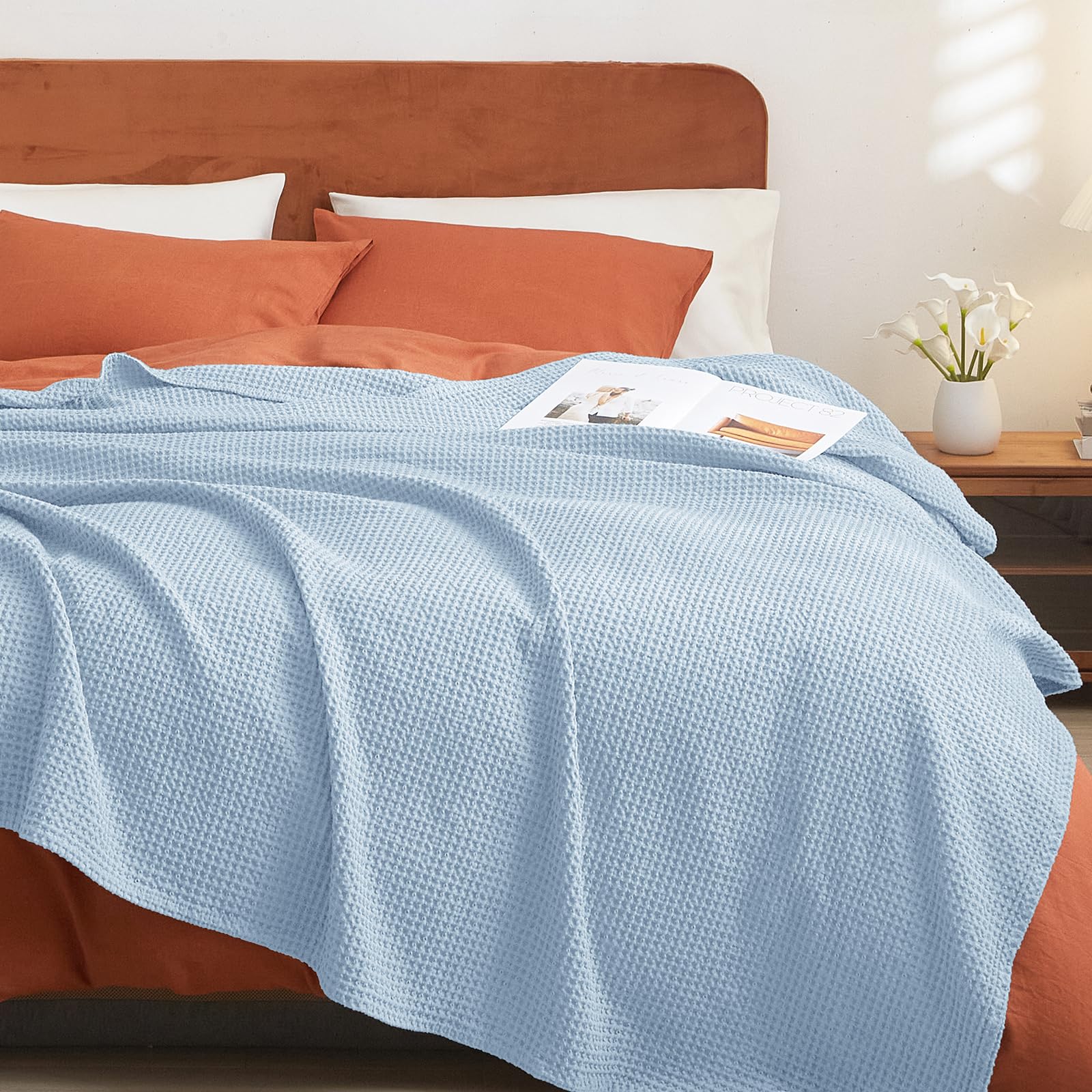 phf pre-washed cotton waffle weave blanket throw size for couch bed,snag proof spring summer lightweight breathable,oeko-tex certified,machine washable, home decor gift?sky blue/baby blue