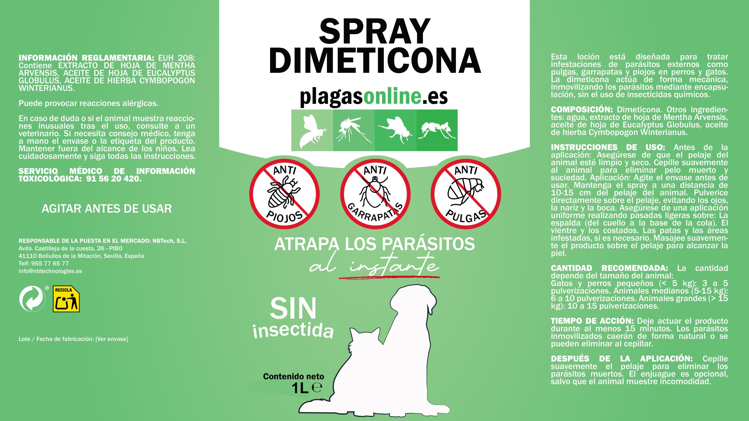 Dimeticona 1L Spray Antiparasitario para Perros y Gatos, Antipulgas, Garrapatas y Piojos - Protector de Insectos sin Pesticidas.