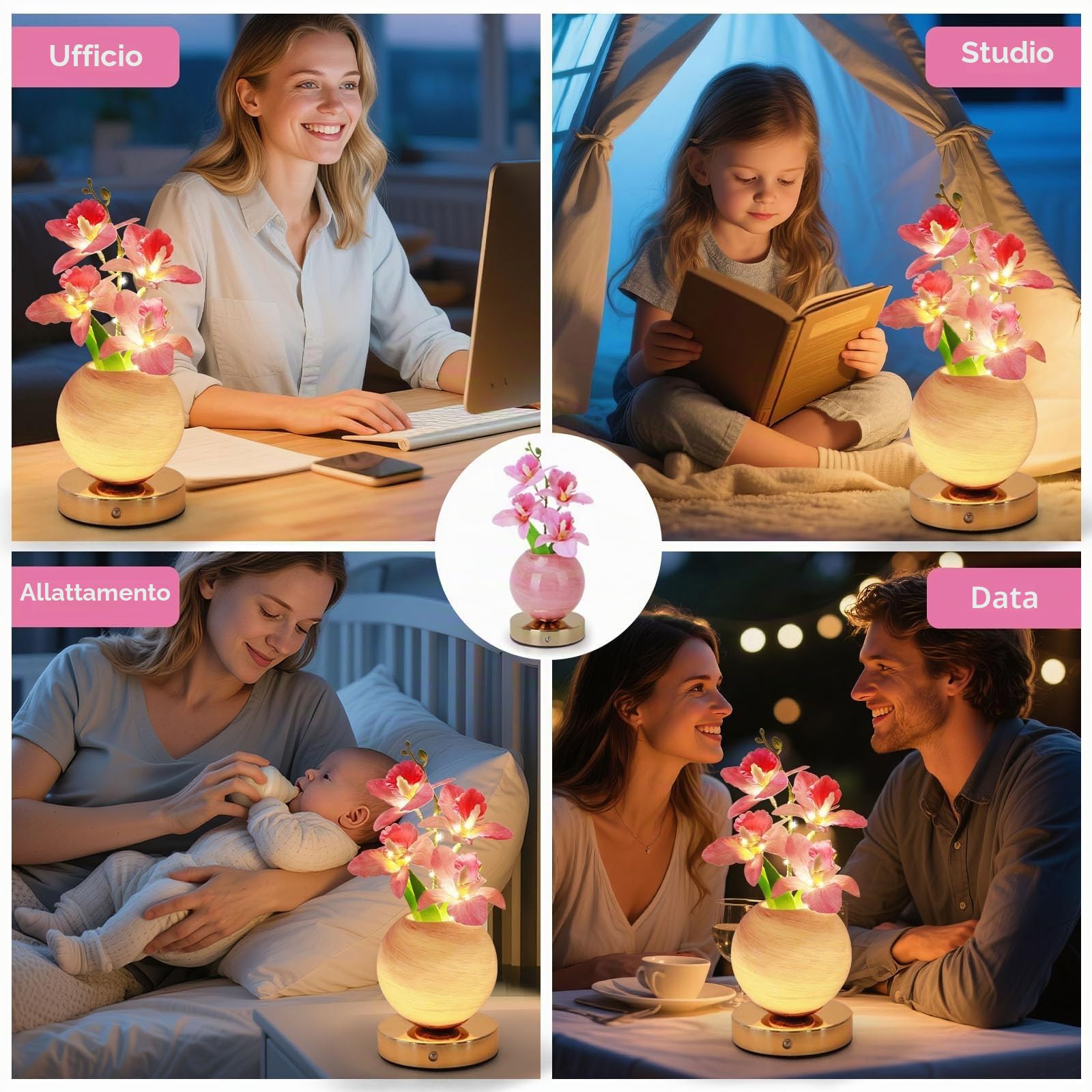 BVI BOOMERVIVI Lampada da tavolo a forma di tulipano, ricaricabile, senza fili, dimmerabile, con tulipano artificiale, lampada da scrivania a LED, da comodino, regalo romantico per ragazze, donne