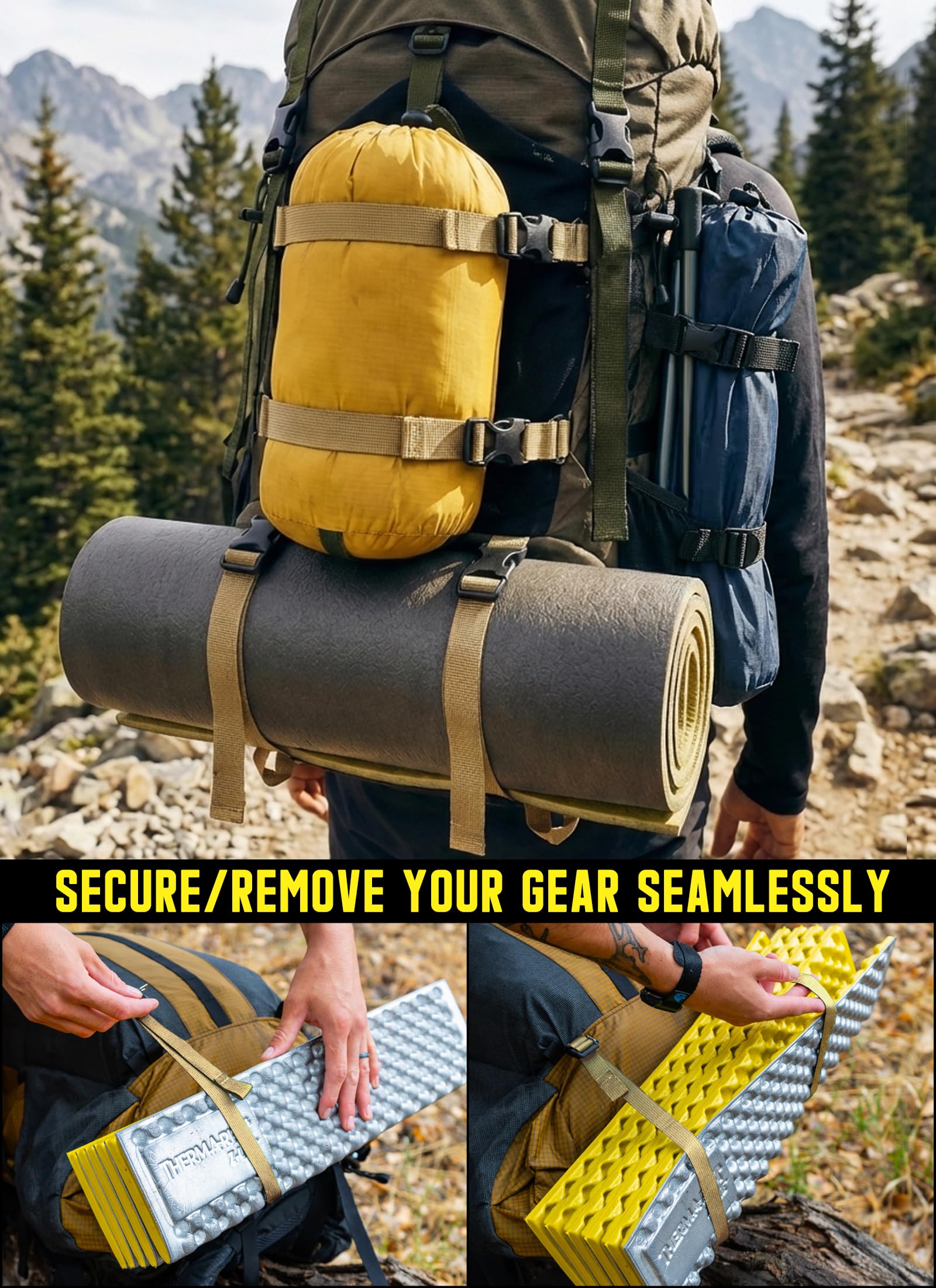 Sangles de sac à dos Molle - Système de rush - Fixation Molle pour sac à dos tactique militaire - Accessoires de transport d'équipement - Sangle de fixation par compression - Sangle de