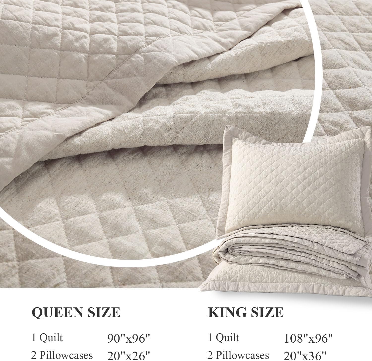 Grassix Linen Quilt Set Queen Size 3-Piece, 100% Linen Front & Cotton Back, Prewashed Diamond Stitch Bedspread with 2 Shams, Lightweight Breathable Quilt for Hot Sleepers, Modern Farmhouse Bedding - Image 7