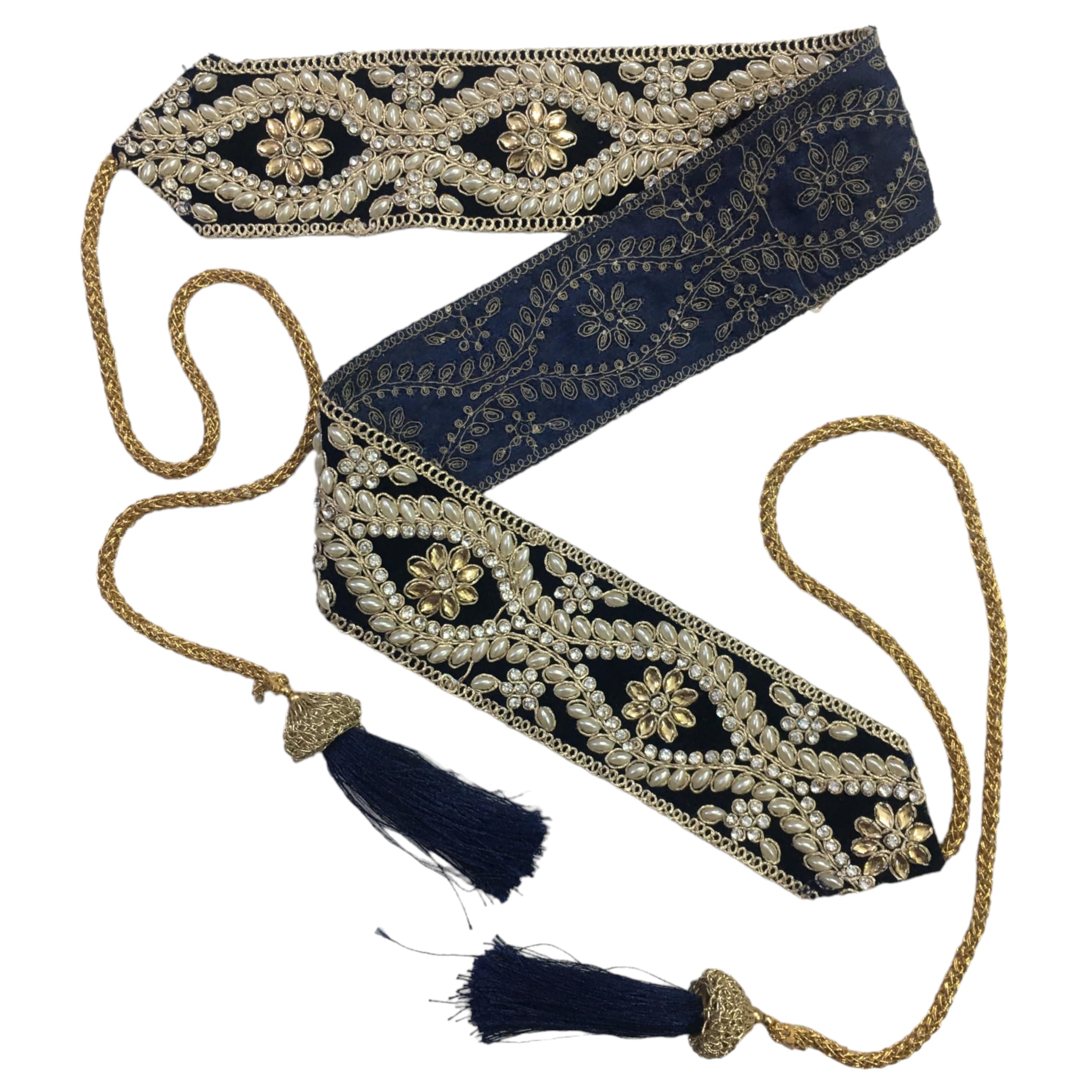 Women's Navy Blue Color Velvet Kamarband (Bridal Belt) with Golden Embroidery And Handmade Heavy Glue Stone Kundan(Adjustable) width 6.1cm /Waist Hip Belt/Lehnga Belts/saree belt-image-40