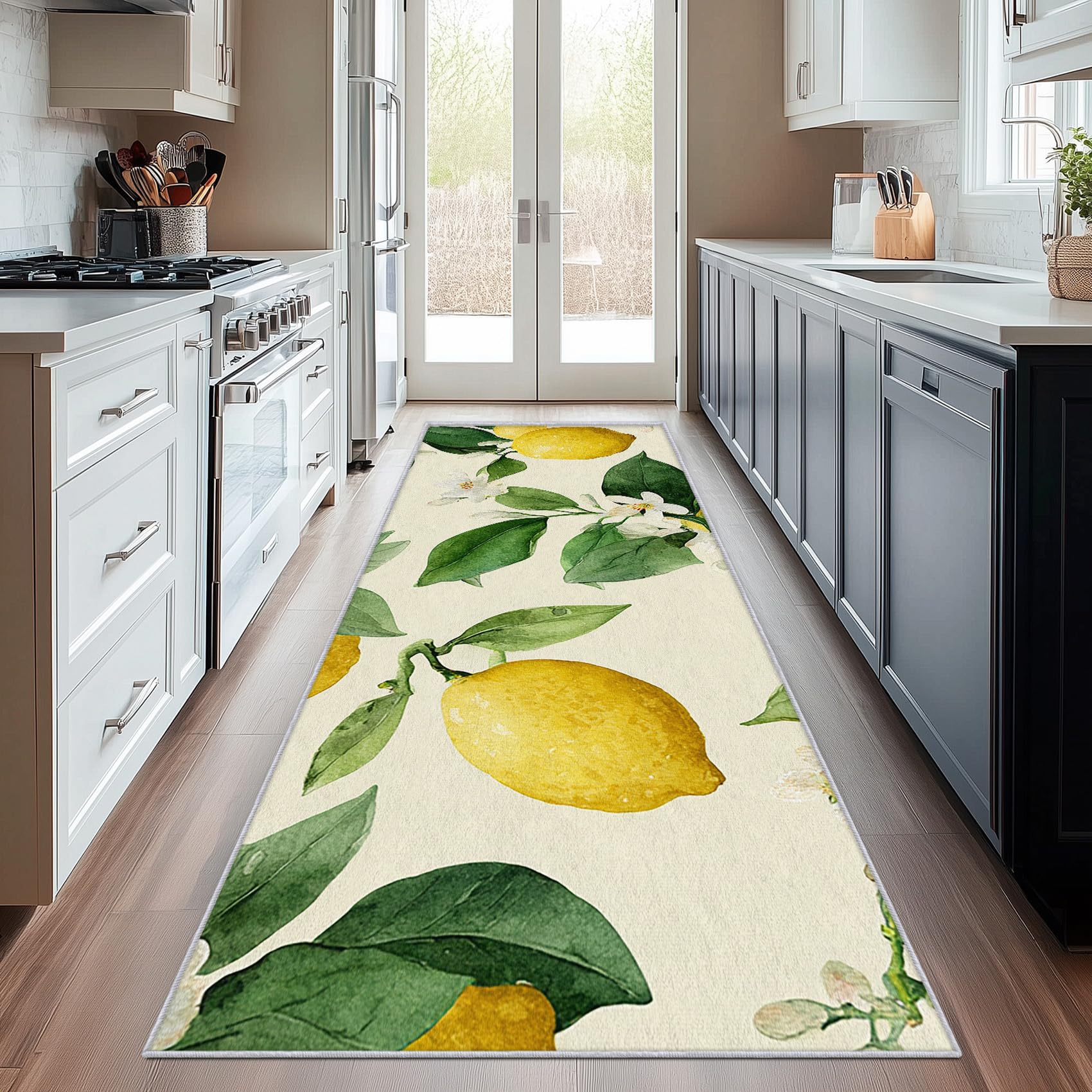 Generisch Läufer Flur Zitrone 60x180 Mit Frucht Blätter Blumen Grün Gelb Muster Extra Dünn Waschbar rutschfest, Zitrone Teppich Flurläufer Lang Für Eingangsbereich Schlafzimmer