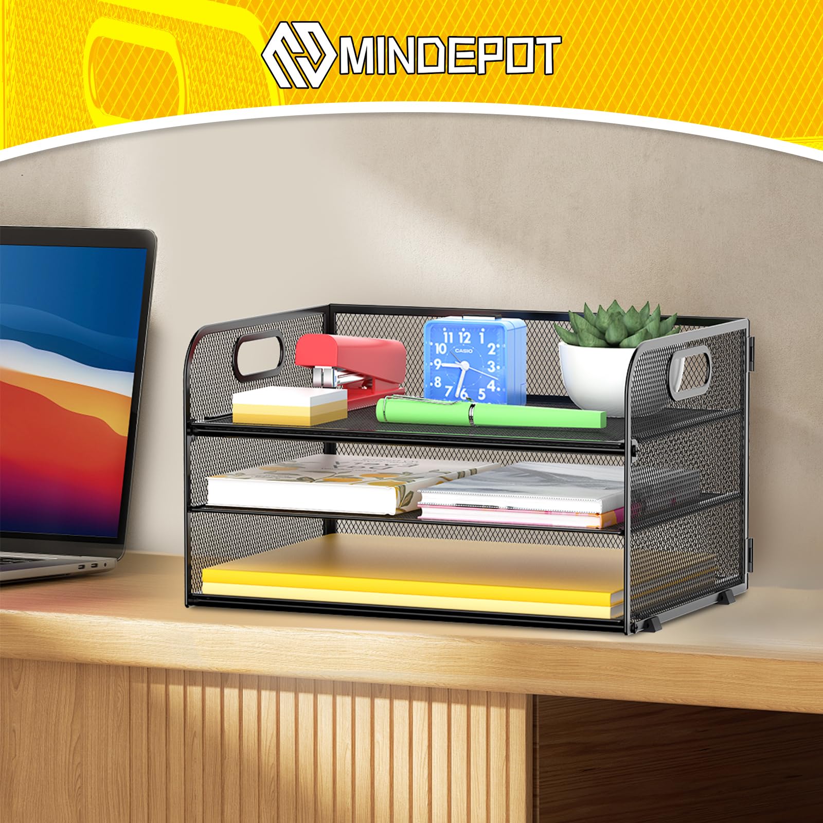 MINDEPOT Bandeja organizadora de papel de 3 niveles con asa, bandeja de malla para cartas, oficina, hogar, escuela (1 paquete), color negro