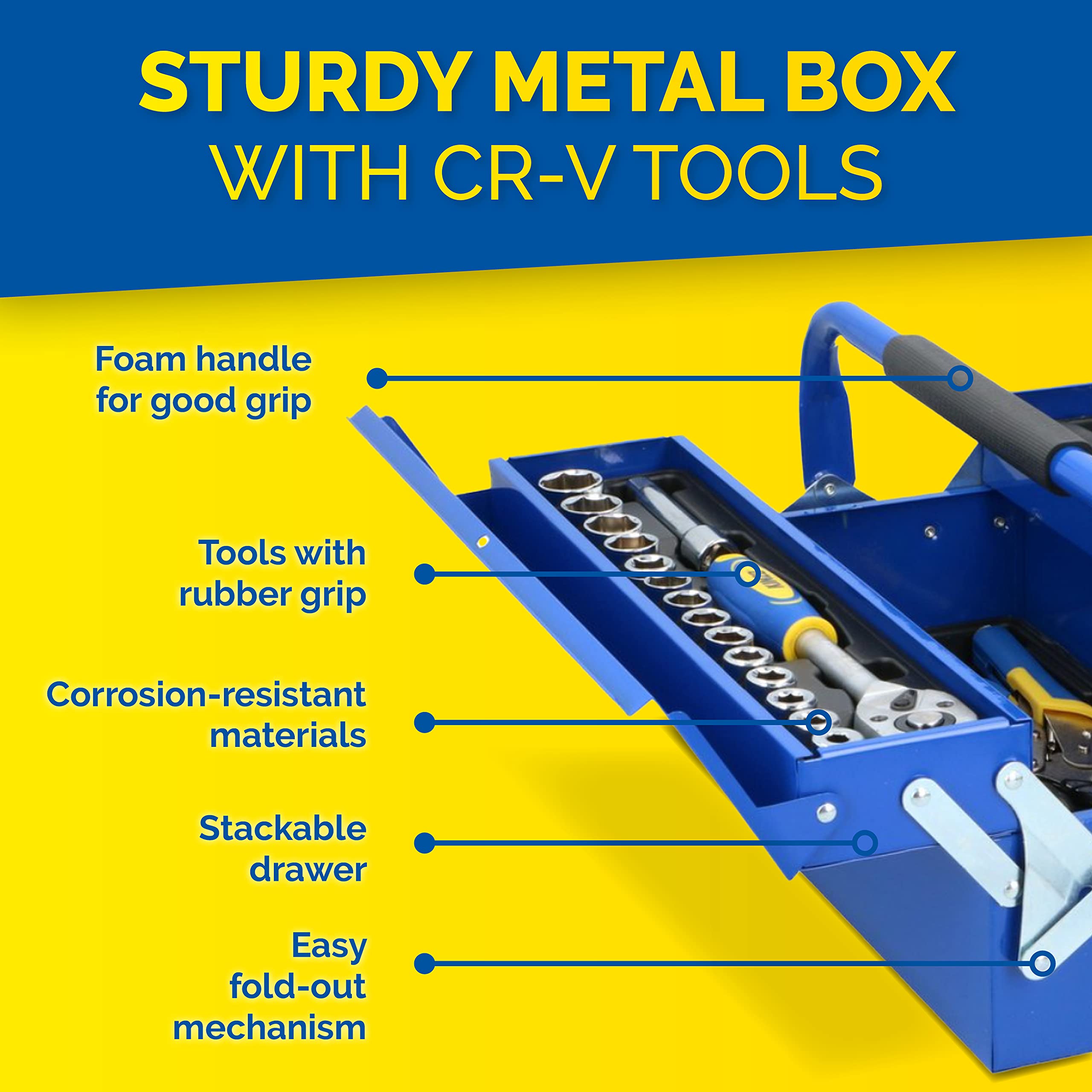 KINZO Maletín de herramientas de 64 piezas, herramientas domésticas en caja de herramientas de metal, acero CRV, color azul
