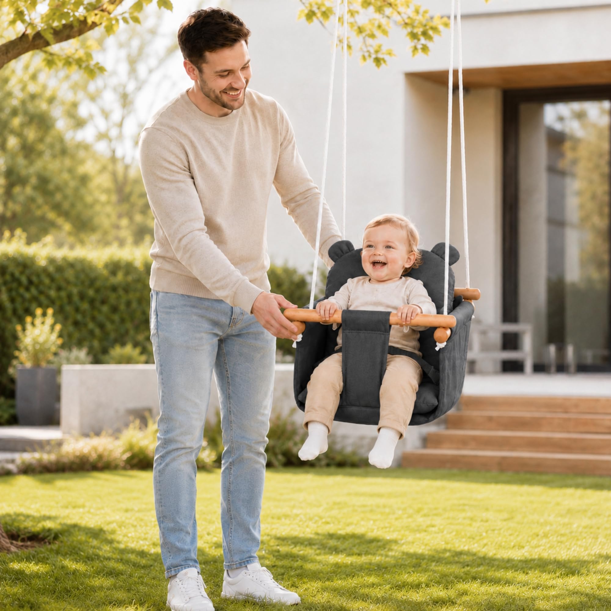 Columpio para bebés y niños pequeños, 100% algodón y madera de haya, con cinturón de seguridad, altura regulable, hasta 30 kg, diseño de oso, color gris
