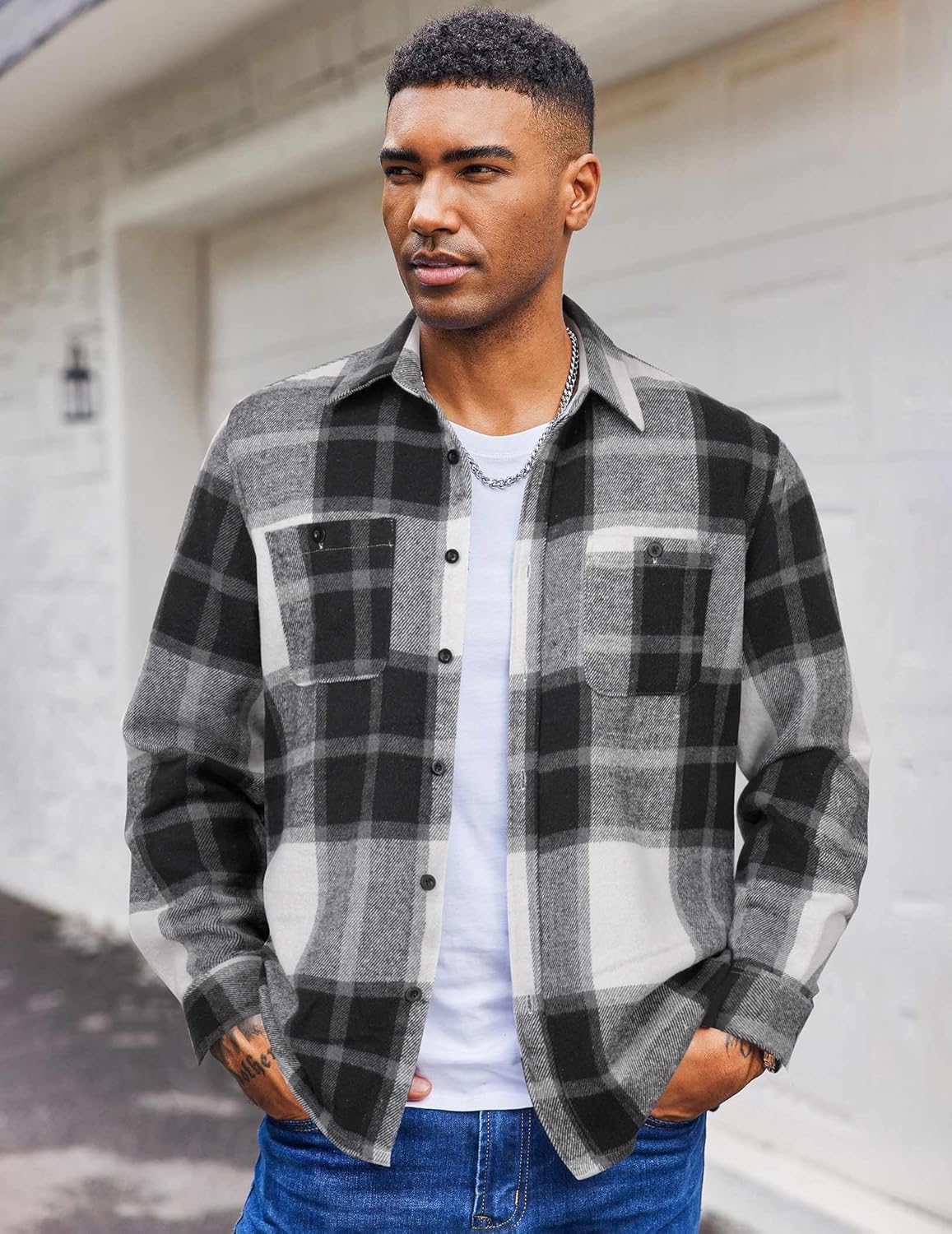 COOFANDY Men's Flannel Shirts Long Sleeve Casual Cotton Plaid Button Down Shirt Jacket with Pockets - Image 3