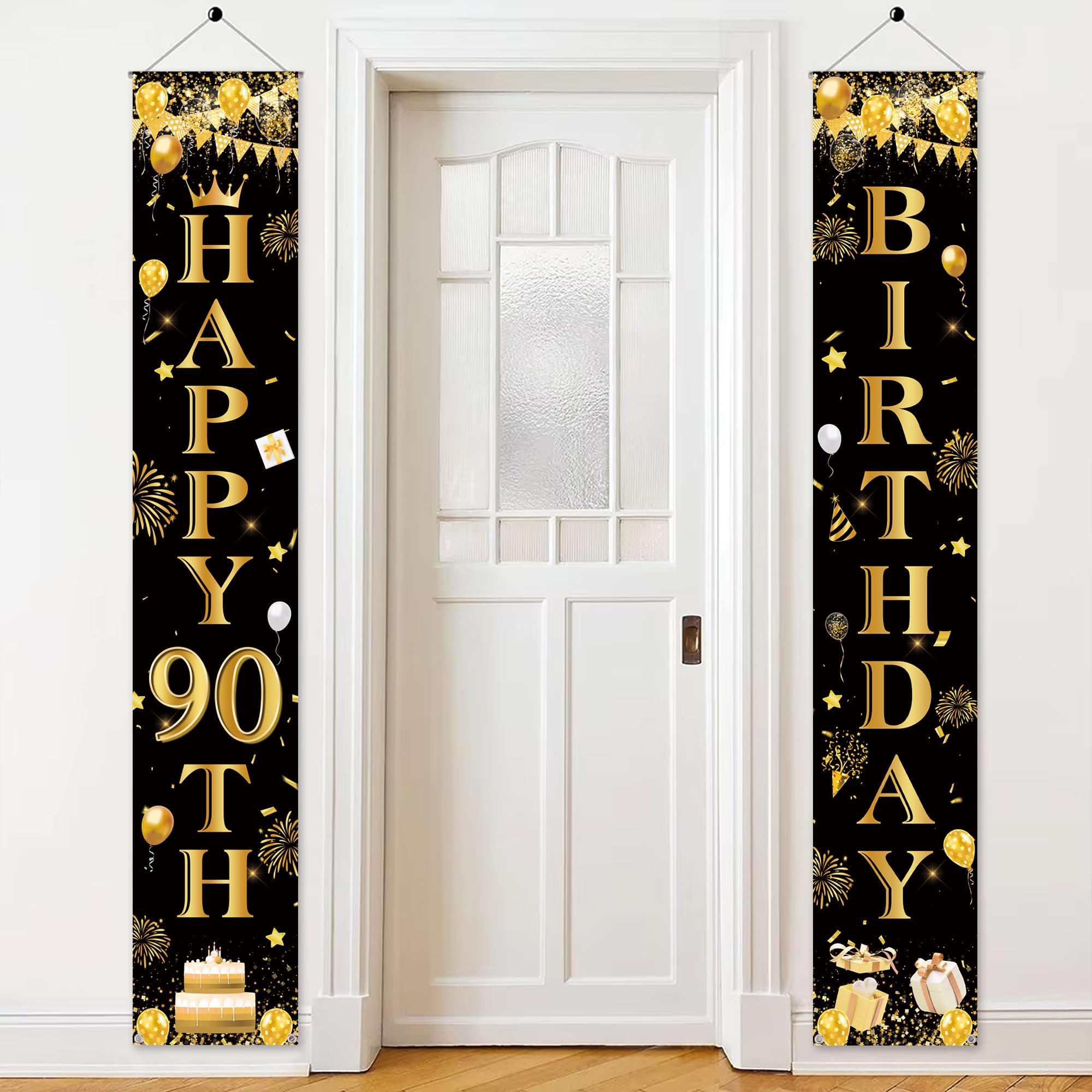 90th Birthday Decorations Banner Men - Black Gold Birthday Party Door Porch Sign, Happy 90 Years Old Door Banners for Party Decoration Supplies