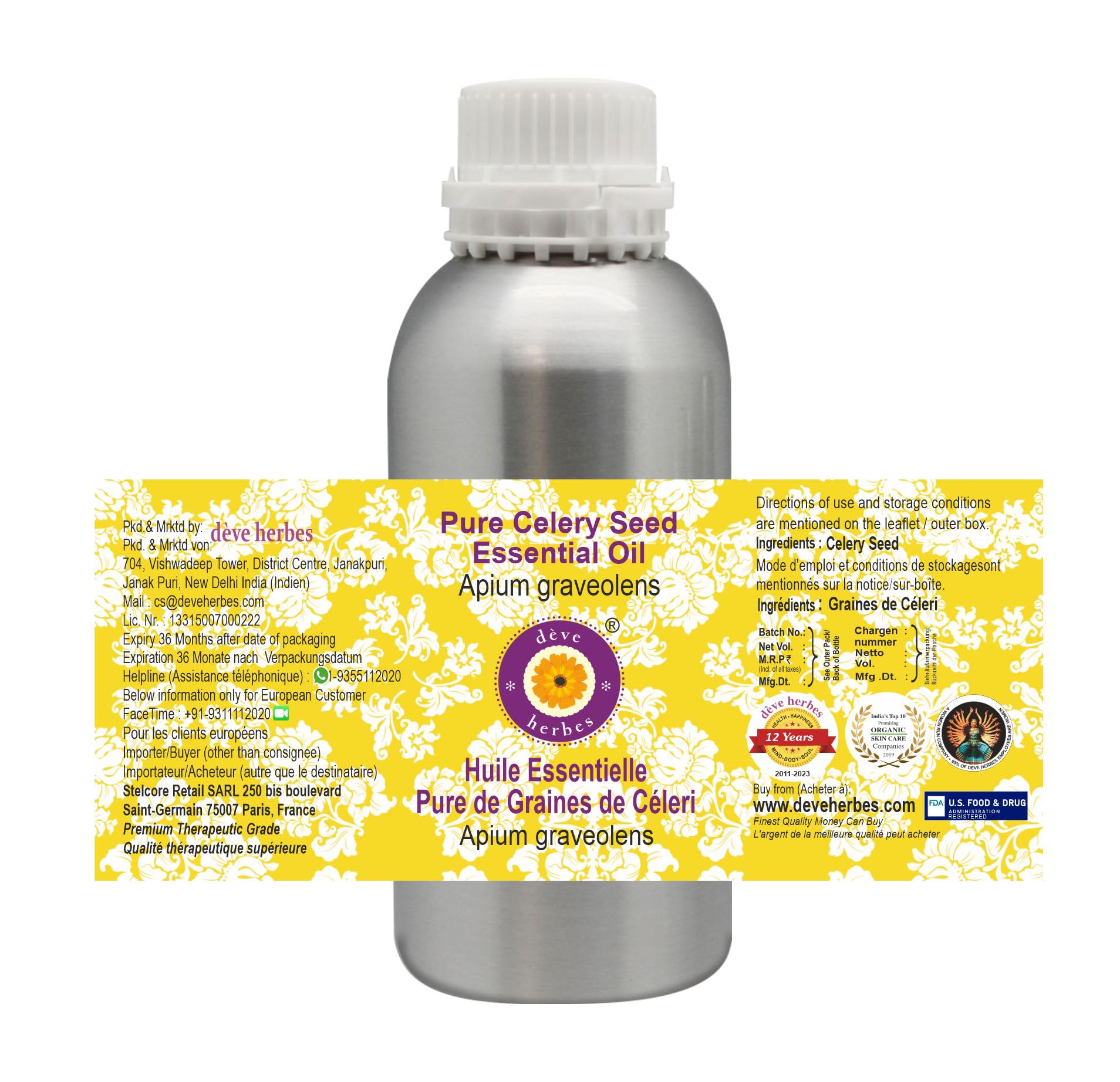 dève herbes Olio essenziale di semi di sedano puro di (Apium graveolens) distillato a vapore di grado terapeutico naturale al 100% 630ml (21.3 oz)