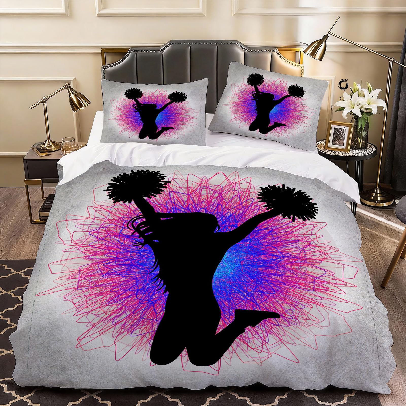 3D Cheerleaders Duvet Cover Girls Dancing Bedding Double Bed Set, Soft Microfiber Comforter Cover Printed with Zipper Closure Quilt Coverr 200x200 cm and 2 Pillowcases