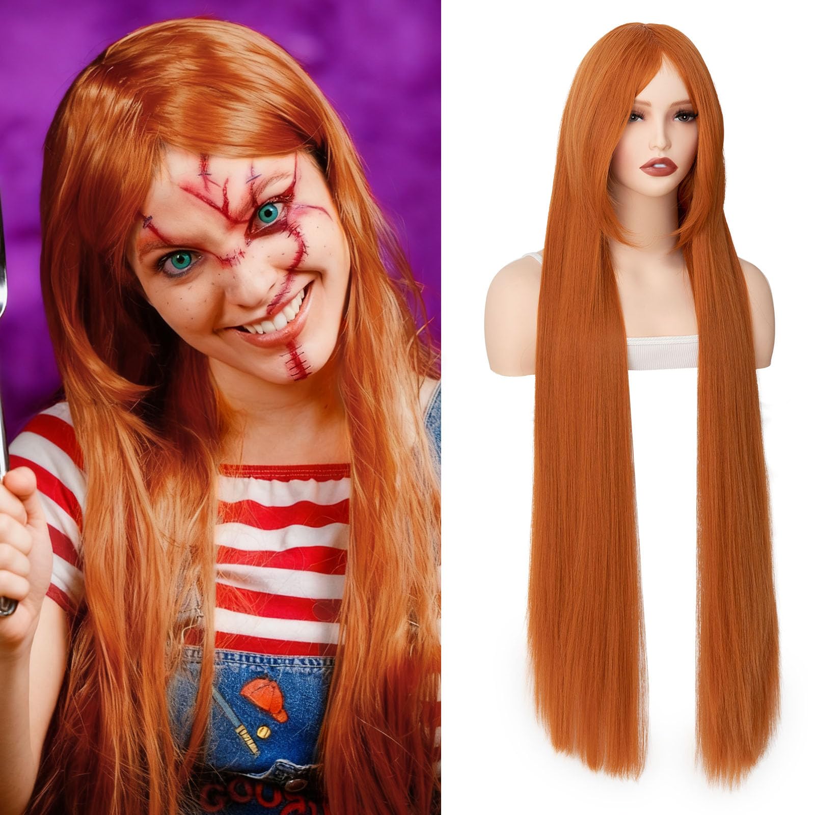 BUYOGET Long Ginger Wigs for Women 40Inch Straight Wig with Fringe for Costume Halloween Cosplay Anime Party