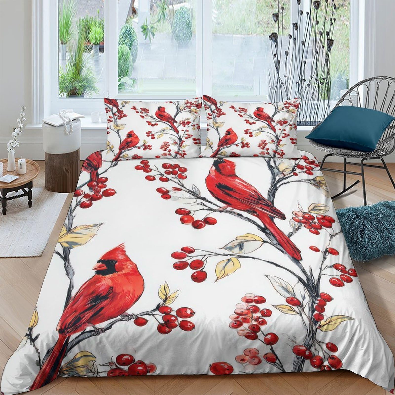 Ctjqhvkz Style-6 3D Printed Red Cardinal Bird Fitted Sheet Microfiber Soft Bedding Nature Branches Mattress Cover Bedroom Decor Single（135X200cm）