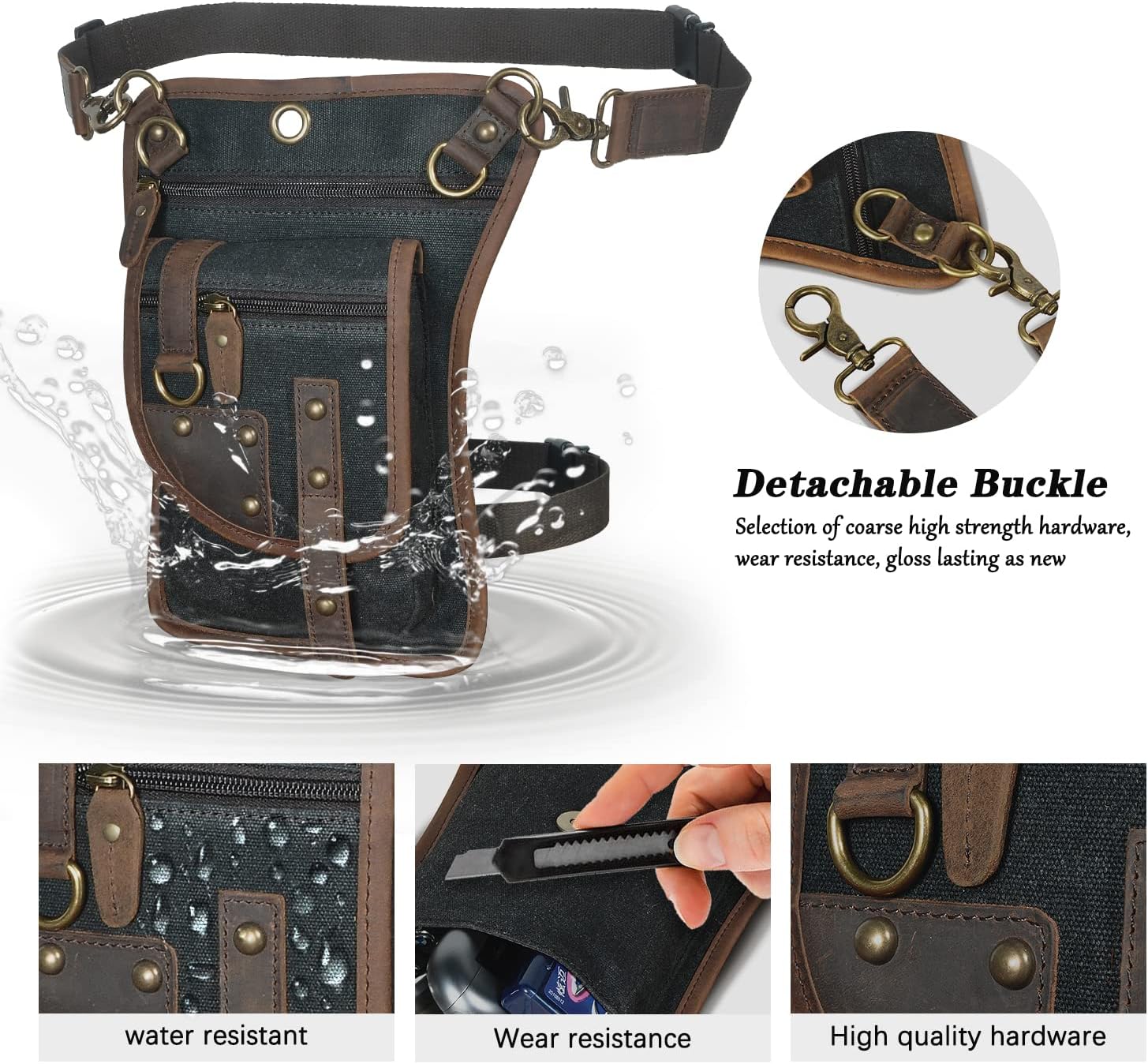 Canvas + Leather Motorcycle Travel Fanny Waist Pack Drop Thigh Leg Bag Pouch For Men Women FB2141 - Image 5