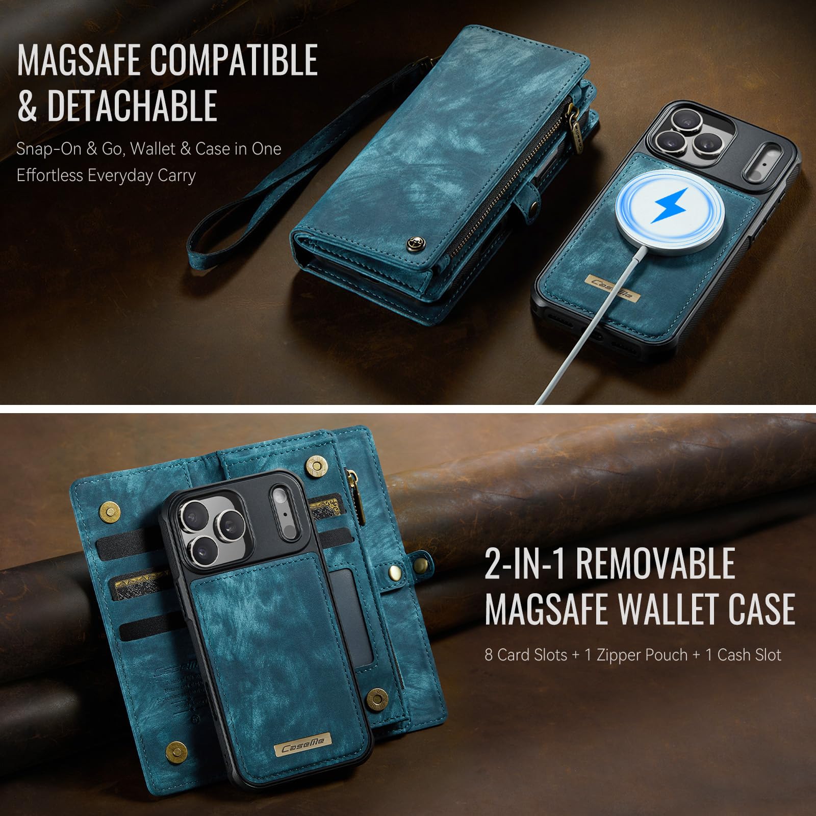 Funda Cartera Magnética Desmontable de Piel para iPhone 17 Pro MAX - Antigolpes y Multifunción con Soporte, Ranuras para Tarjetas, Carga Inalámbrica y Correa Extraíble, Azul