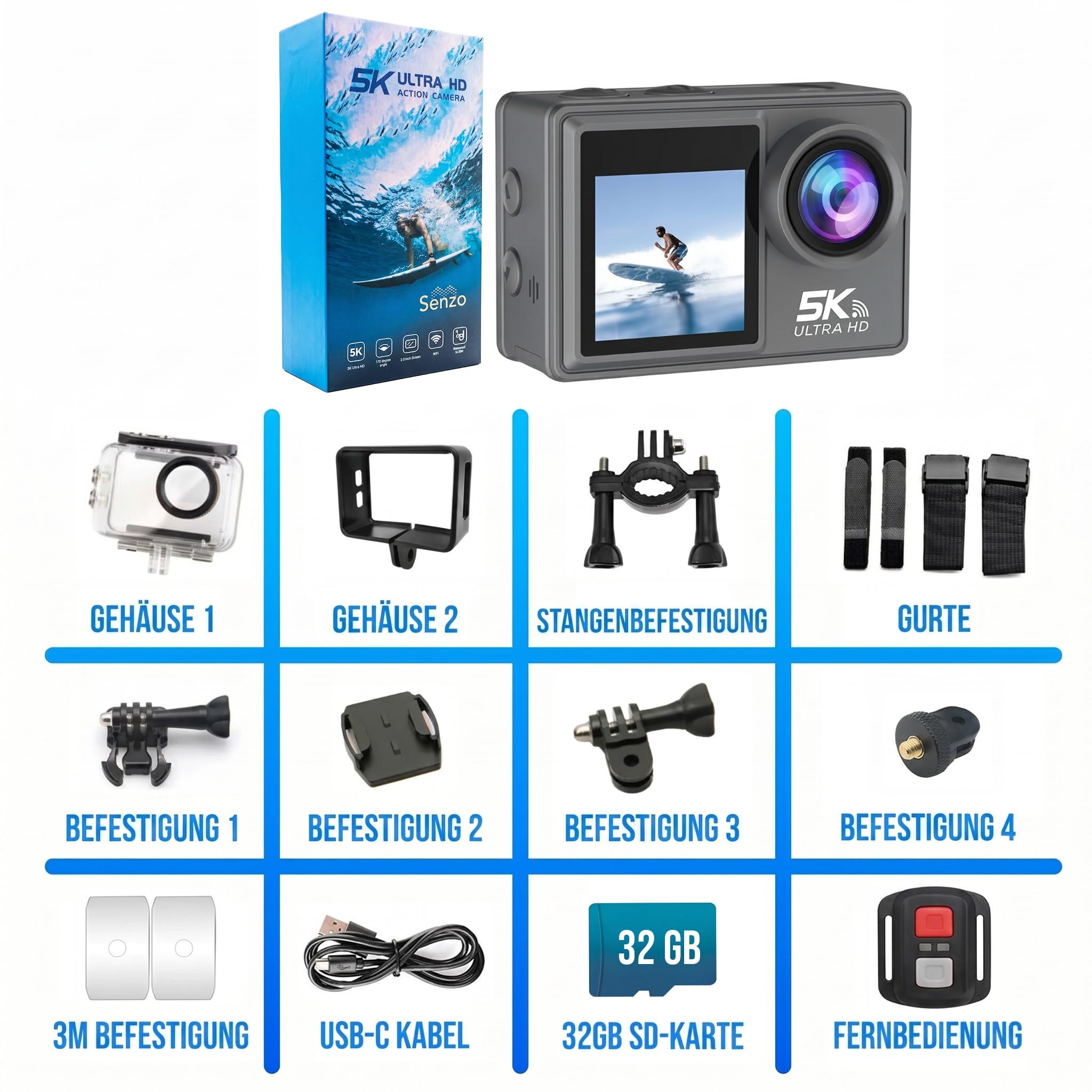 Senzo Action Cam 5K - 50MP - 60FPS - WiFi - Fotocamera subacquea - 30M - Fotocamera digitale - Videocamera - Stabilizzazione dell'immagine - Incl. 32GB SD