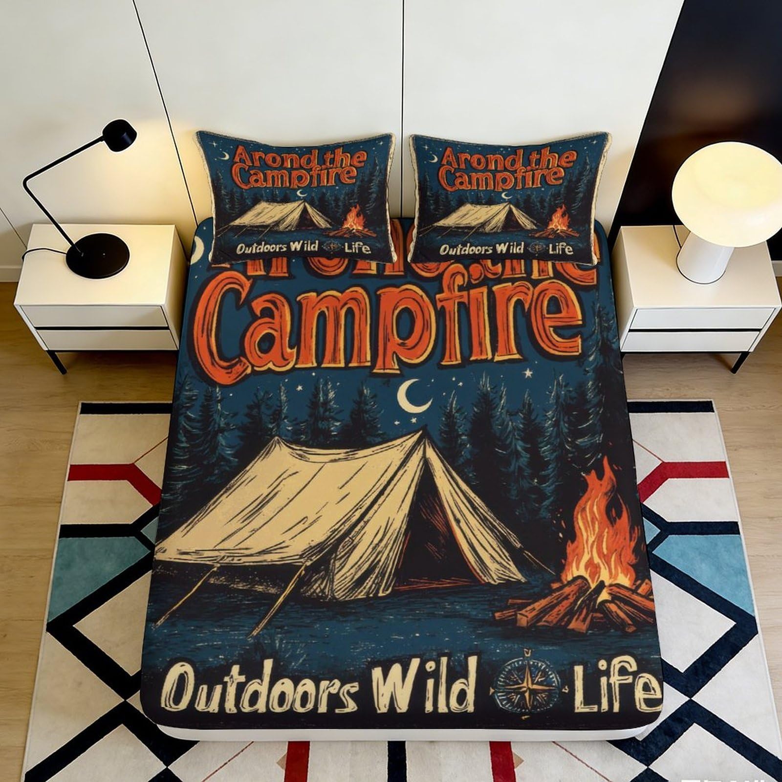 3D Printed Campfire Tent Fitted Sheet Microfiber Soft Breathable Forest Bed Cover for Bedroom Dorm Decor 90x200x25cm