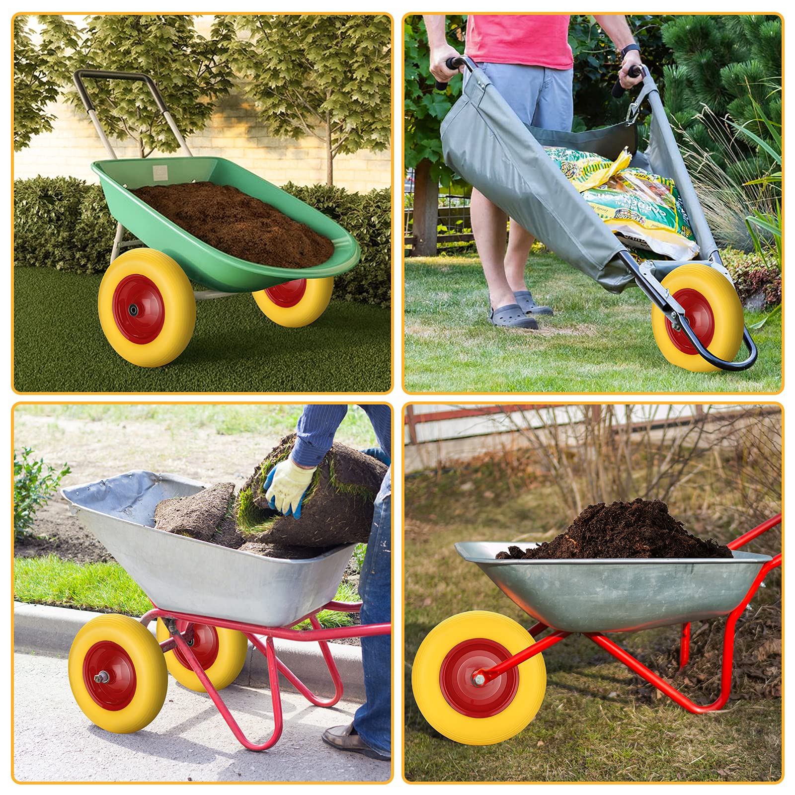 Lospitch Roue de brouette 4.80/4.00-8, 200 kg Anti-crevaison Axe Roue de Rechange pour brouette, PU Ø390mm avec axe, polyuréthane increvable,Chariots de Jardin