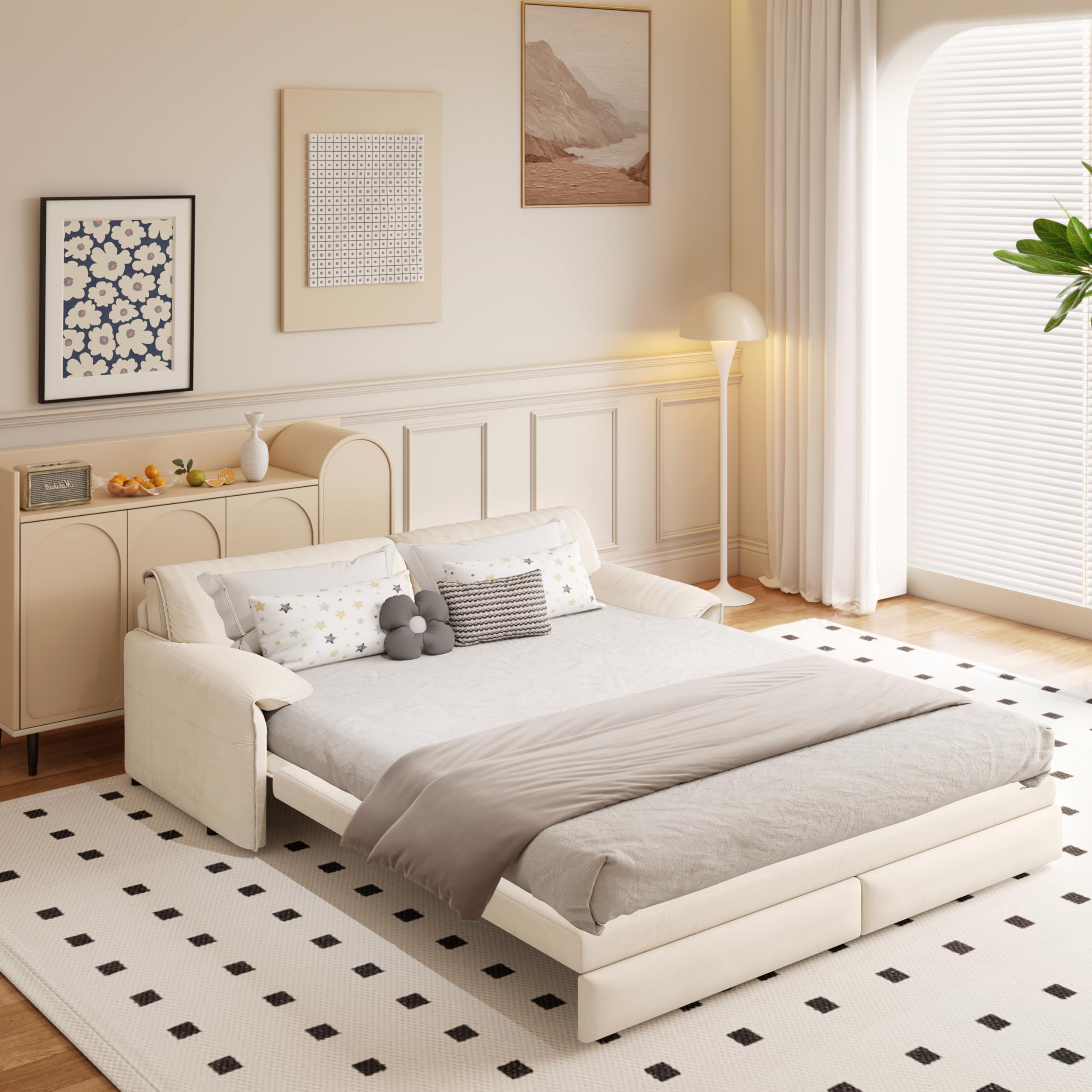 66" Queen Pull Out Sofa Bed,3-in-1Convertible Futon Sleeper Sofa,Multi-Functional Velvet Loveseat Bed with Side Storage,Oversized Cloud Sleeper Chair