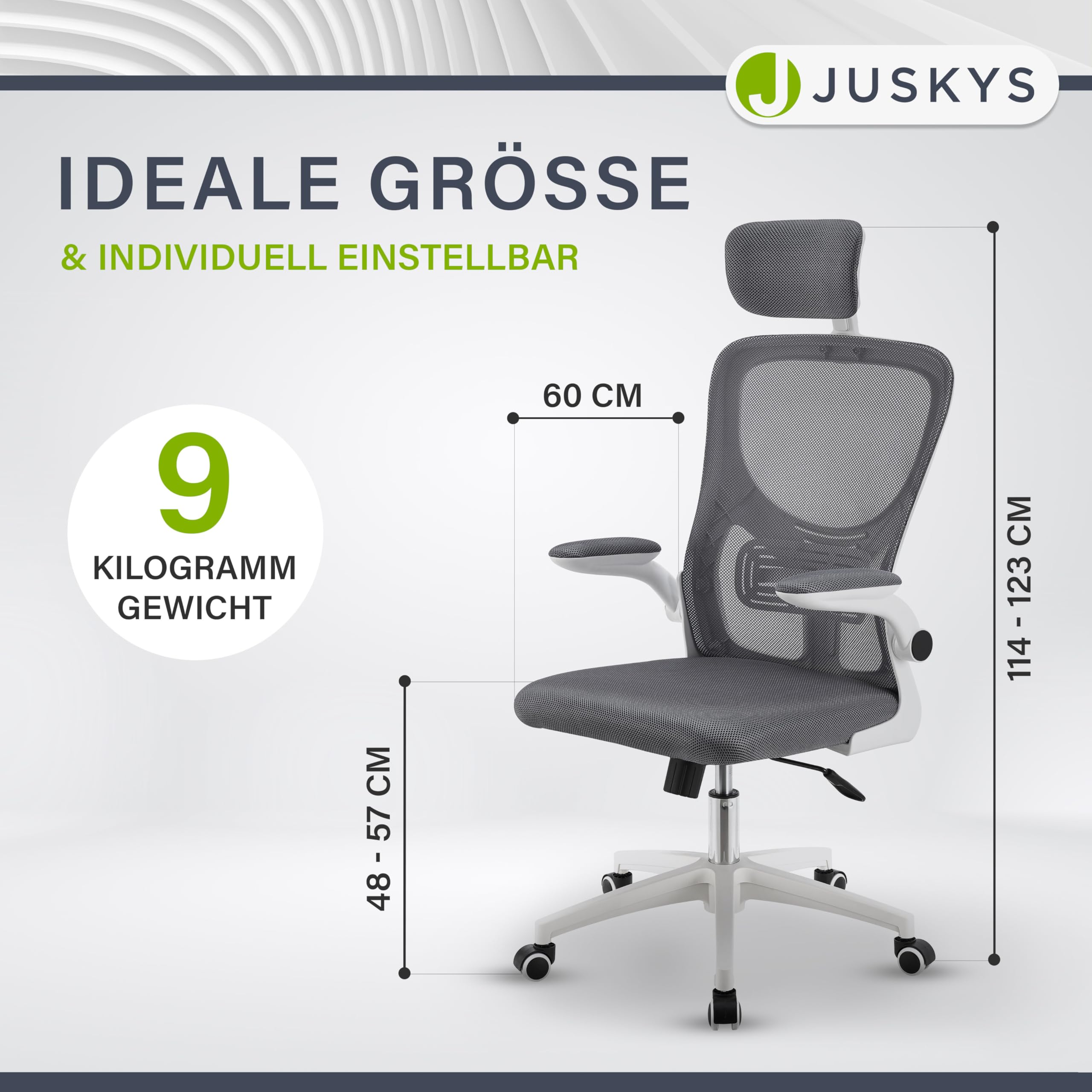 Juskys Bürostuhl Baltimore mit Rollen & Armlehne - Schreibtischstuhl ergonomisch & höhenverstellbar - Stuhl für Arbeitszimmer - Drehstuhl - Grau