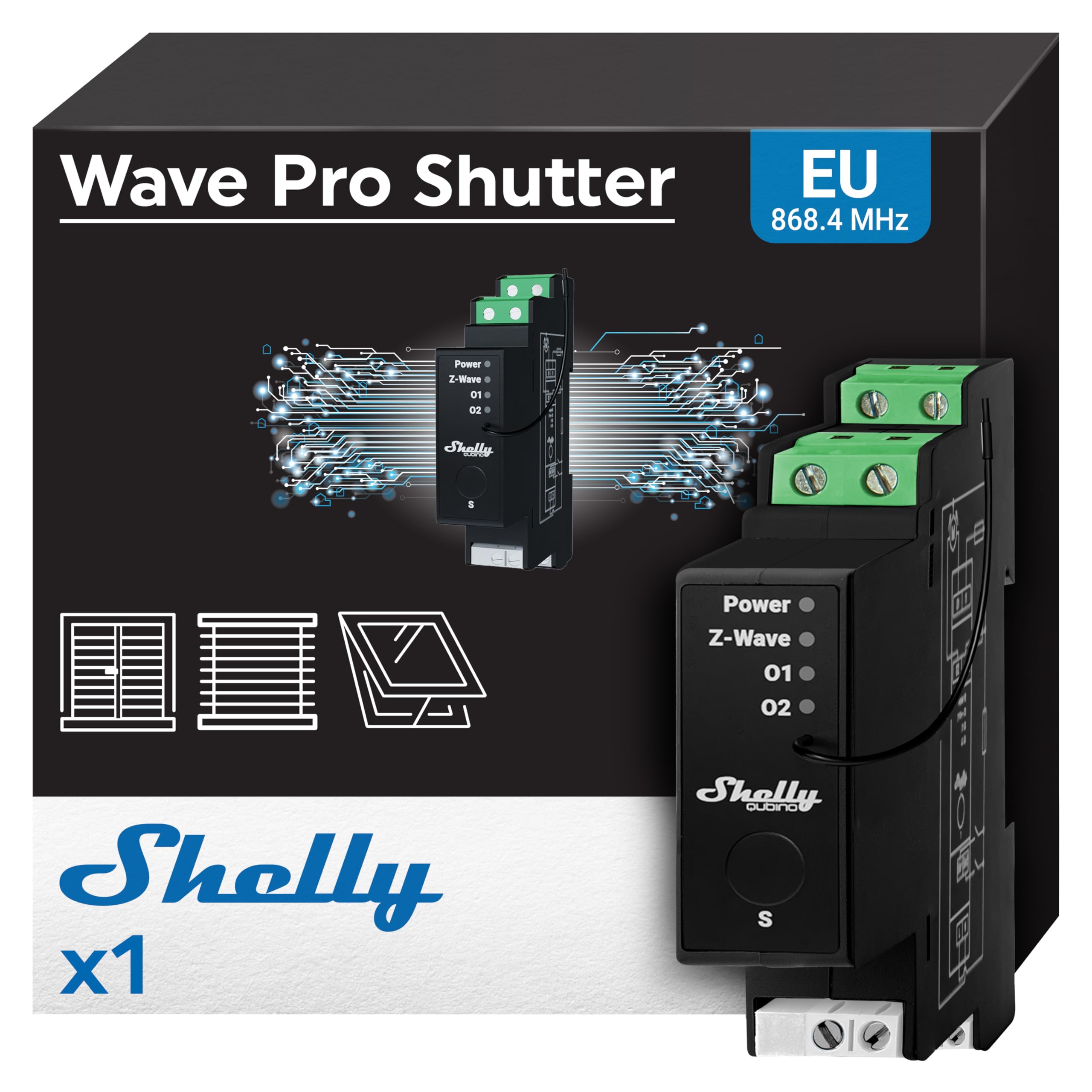 ShellyWave Pro Shutter - Z-Wave Professional DIN Rail Smart Module With 2x 16 A Covers, Power Monitoring, Home Automation, Z-Wave Hub Required, SmartStart, Blinds Remote Control