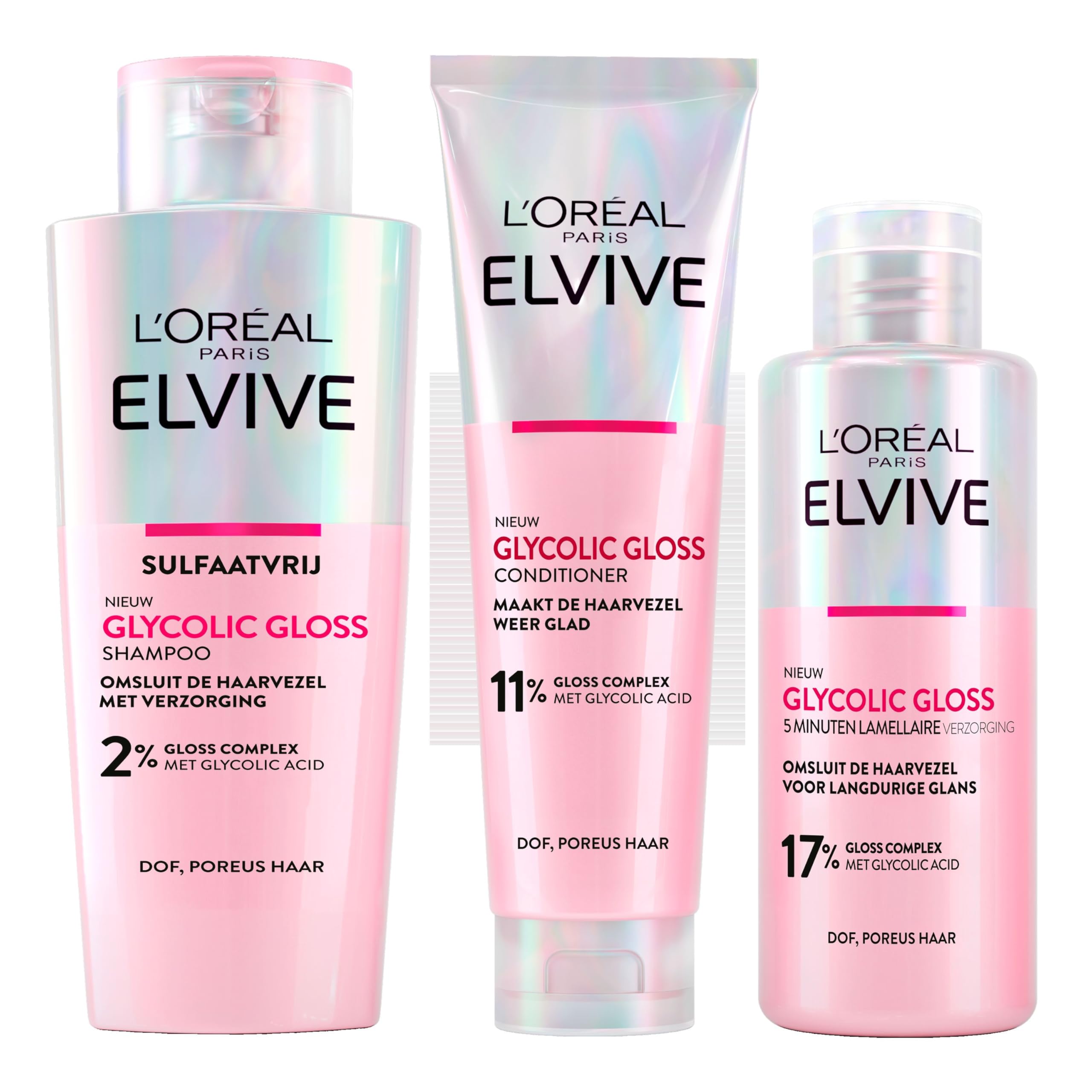 L'Oréal Paris Elvive Glycolic Gloss Shampoo, Conditioner & 5 min Lamellaire Verzorging Bundel - voor dof, poreus haar - met glycolic acid voor glanzend haar - 200ml, 150ml & 200ml