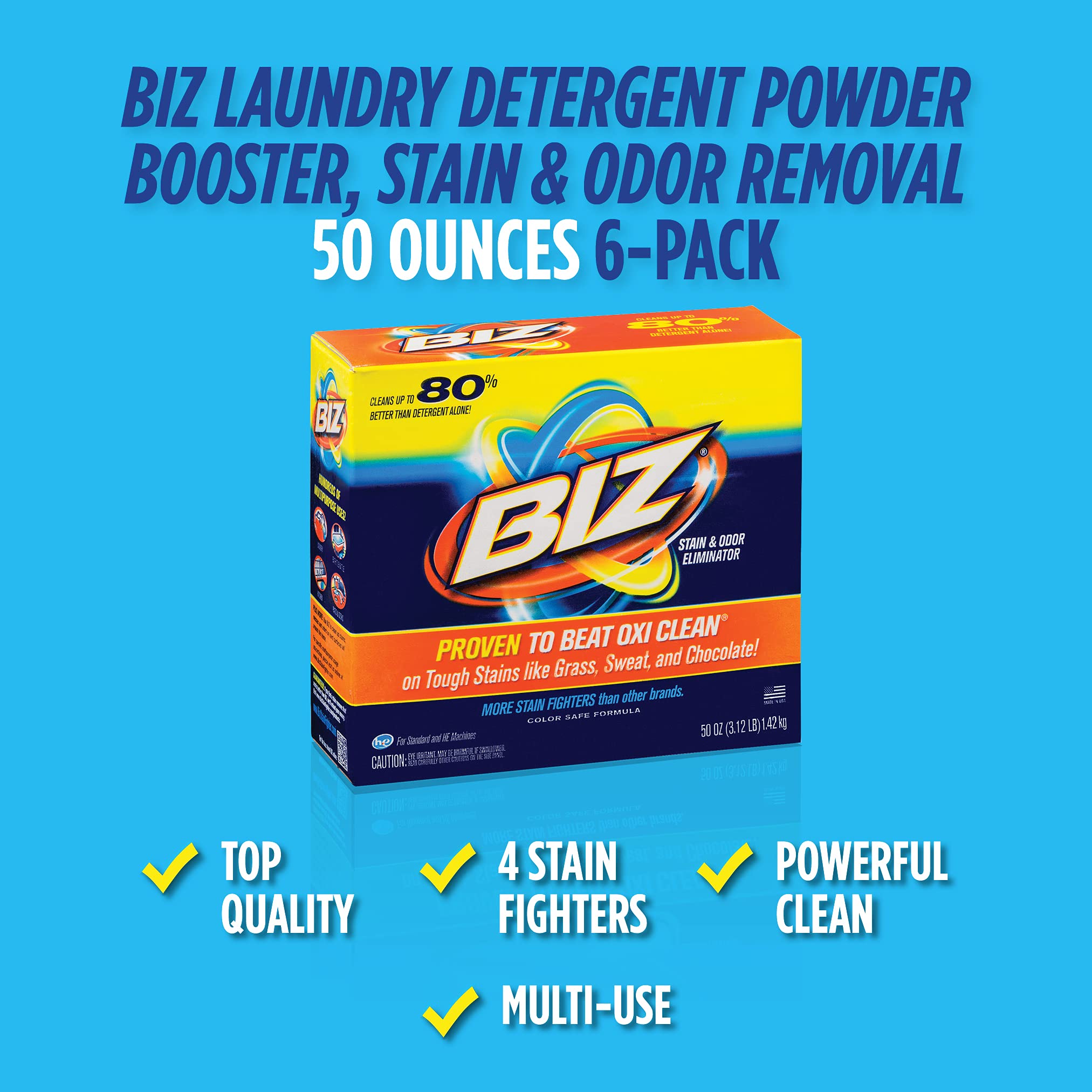 Biz Laundry Detergent Powder Booster, Stain & Odor Removal 6Pack, 50