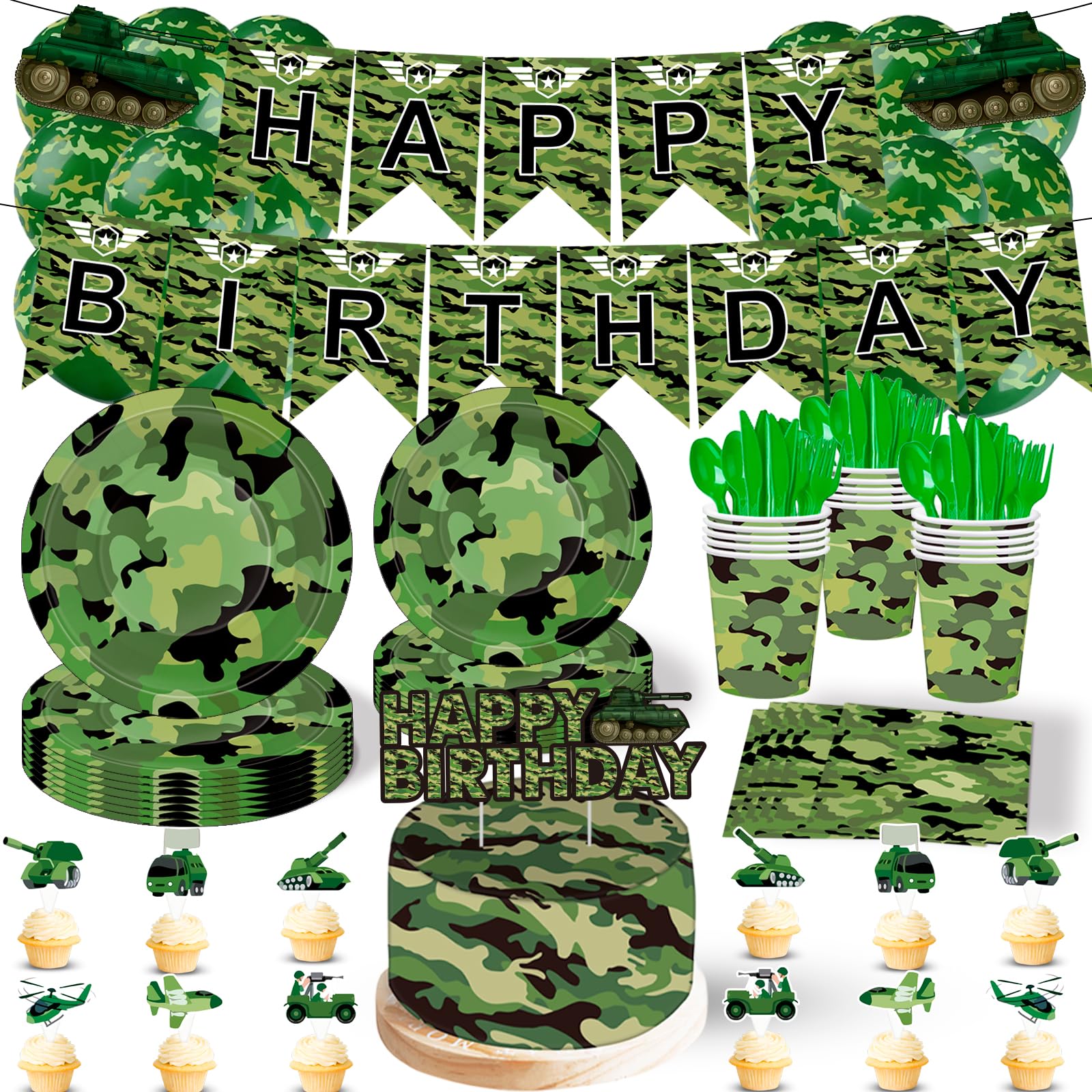 Military Camouflage Theme Supplies Birthday Party Decoration Set Birthday Flag Cake Insert Latex Balloon Paper Cup Paper Plate 104 PCS