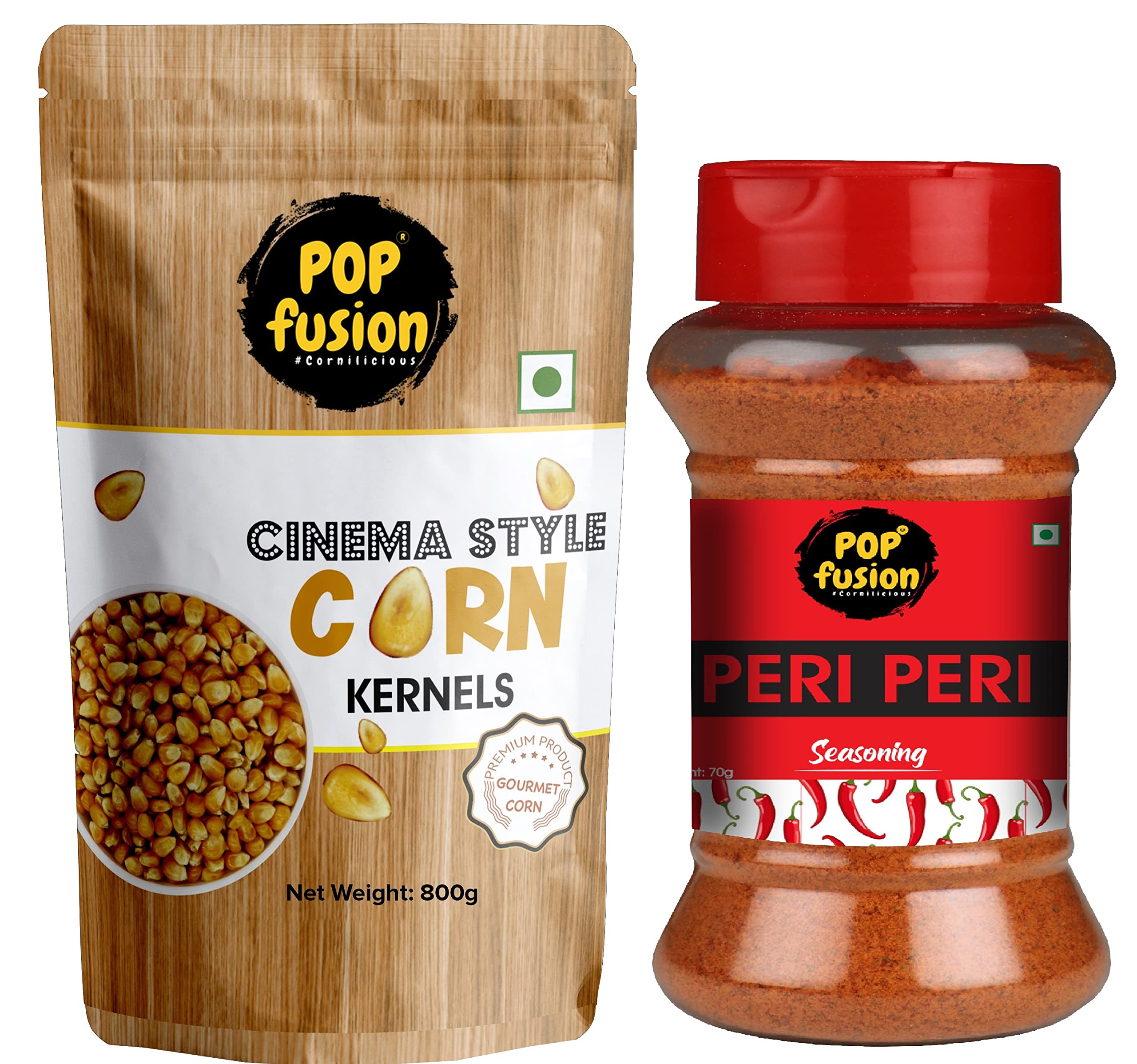 Popfusion Kernel Seeds 800g & 70g Peri Peri Seasoning | Big Size Gourmet Pop Corn Kernels Imported | High Expansion | A Grade Makkai Popcorn