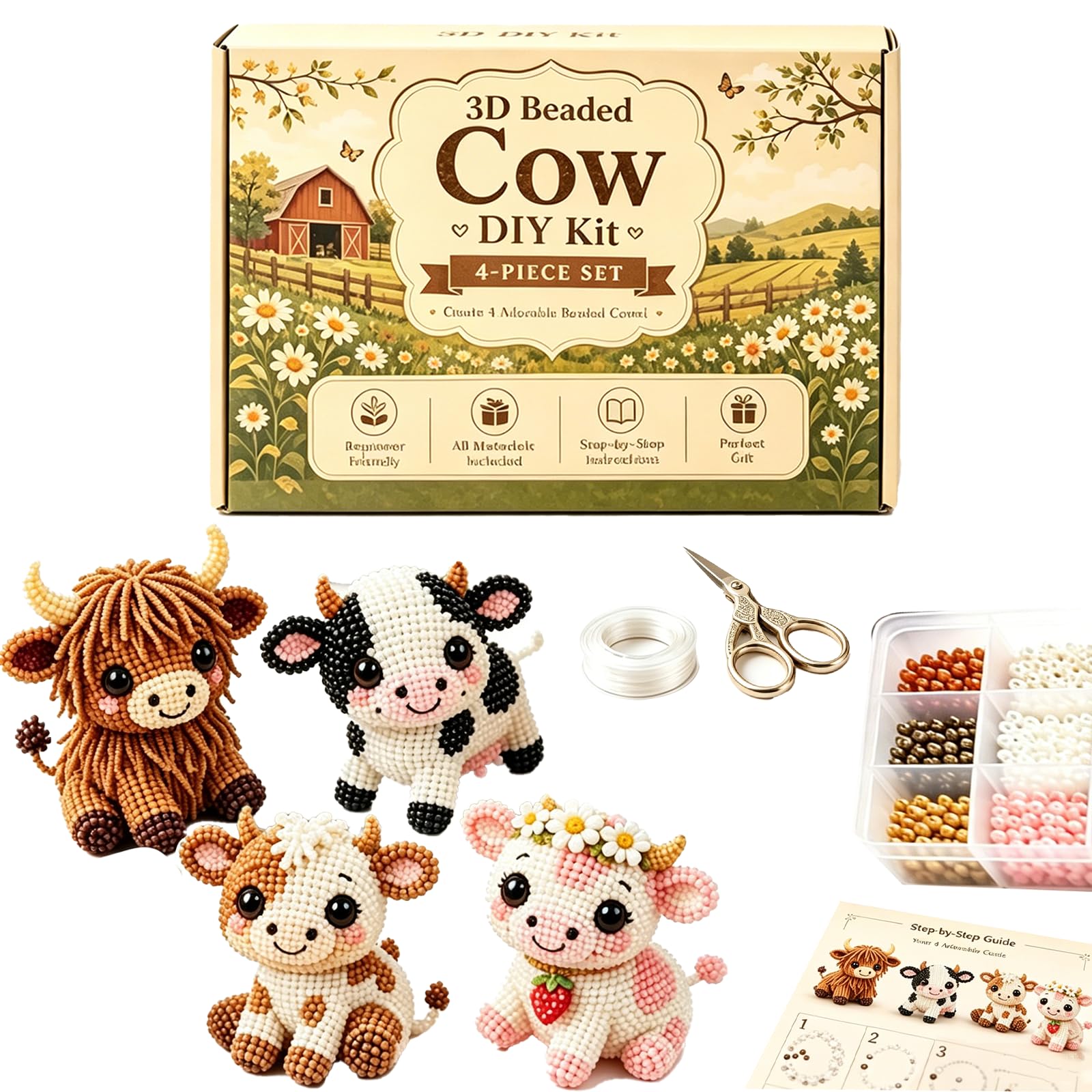 3D Beaded Mini World DIY Craft Kit, Animal & Fashion Beading Set with 7 Themes, Complete Jewellery Making Gift for Hobby Crafters (Cow Friends)