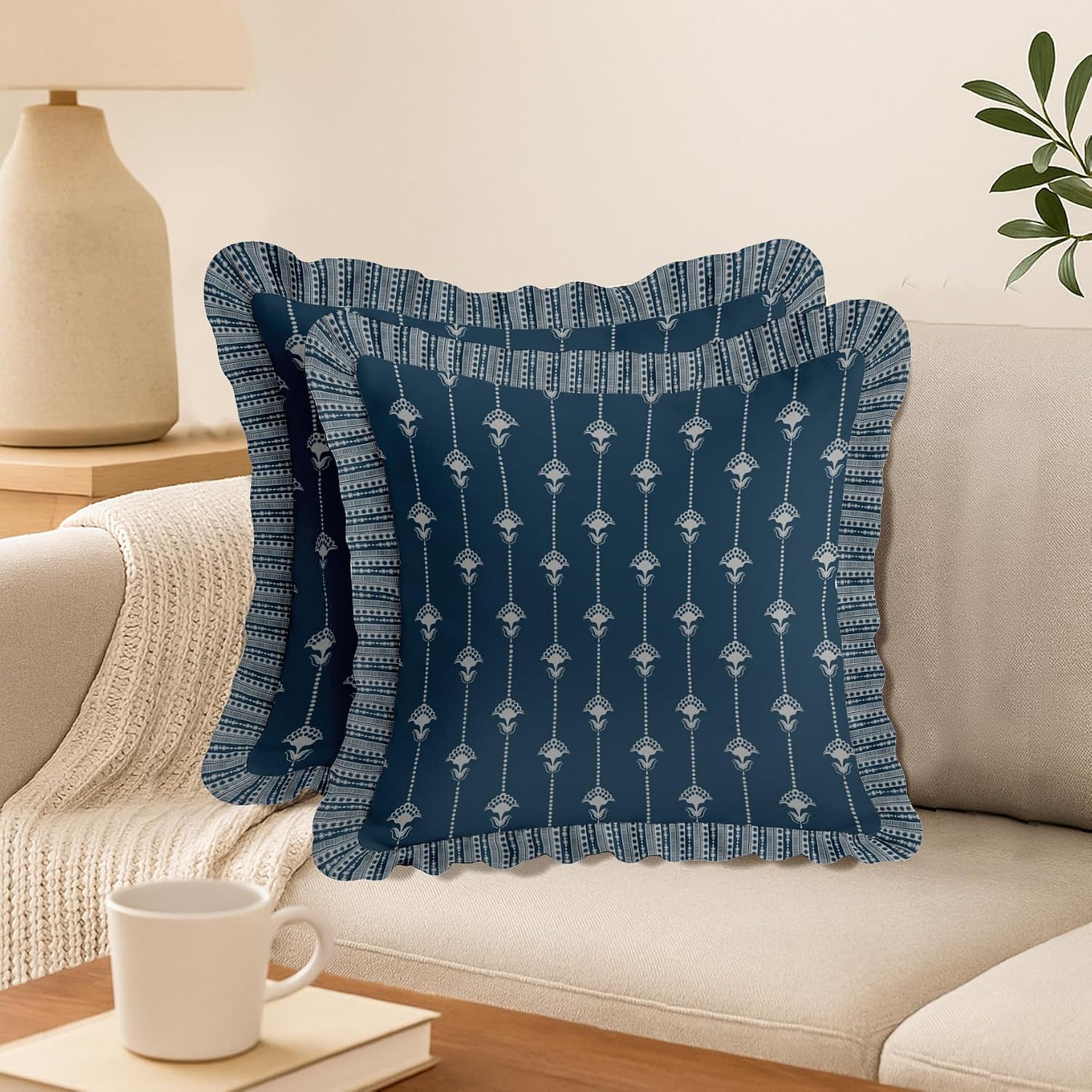 Throw Pillow Covers Set of 2-100% Cotton Twill, Frilled Edge, Double Sided Print, 16 x 16 Inch Decorative Cushion Covers, Hidden Zip, No Filler - Block Print