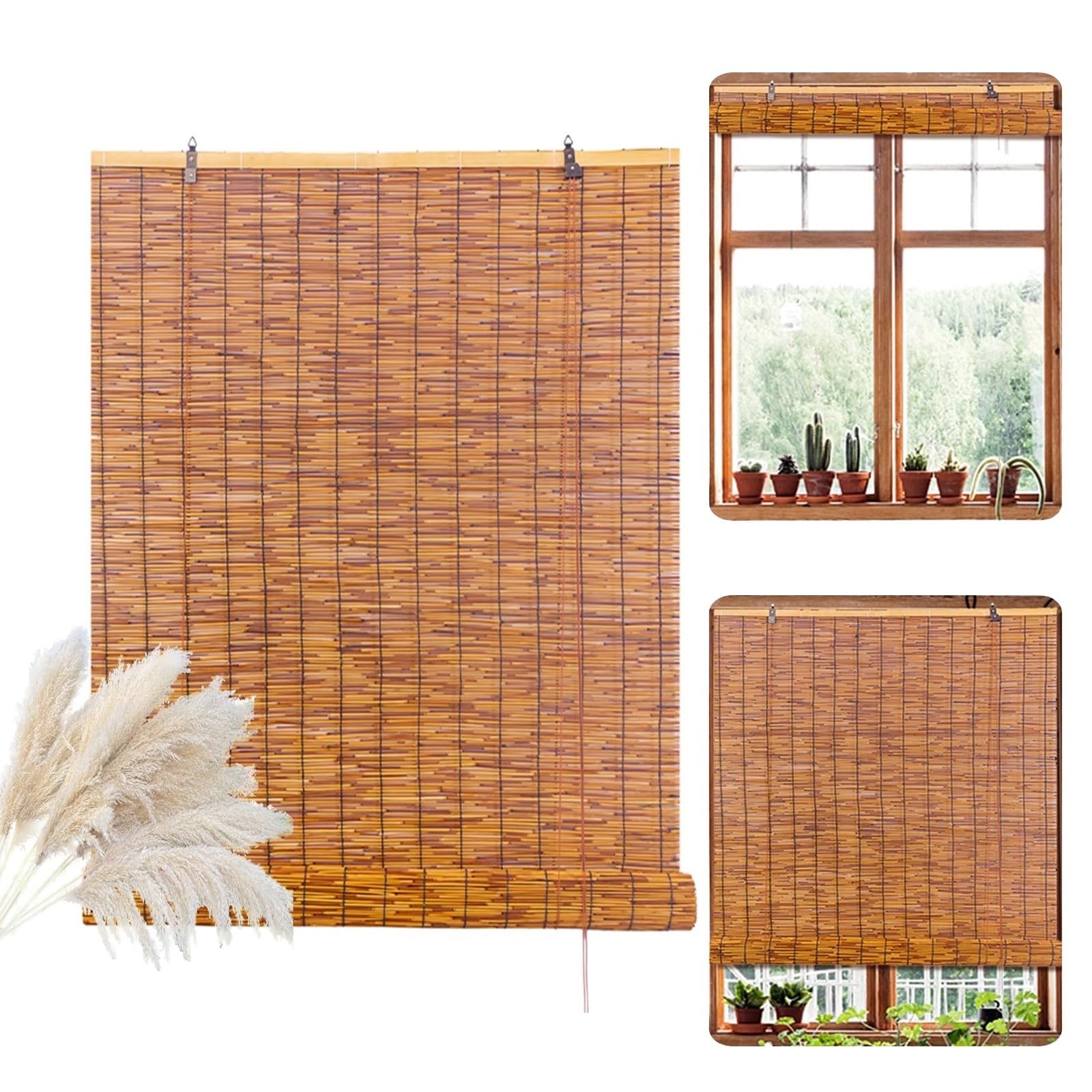CMJYMX Bamboo Shades Outdoor Indoor 60 90 120 140 150cm Wide Blackout Roller Blinds With Lift, Home Privacy Curtain For Porch Gazebo Pergola UV Protection(130x150CM/51x59IN(WxH))