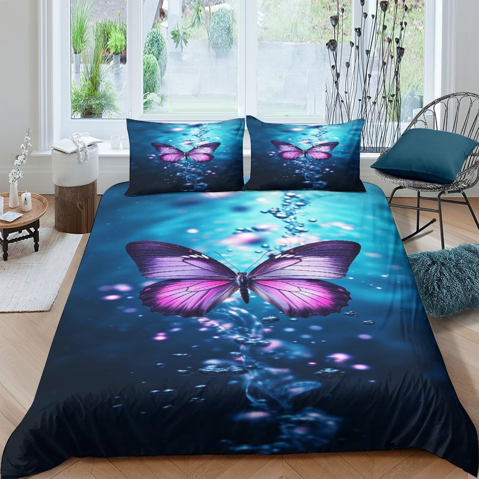 Parure de lit microfibre douce facile d'entretien et housse de couette zippée motif papillon