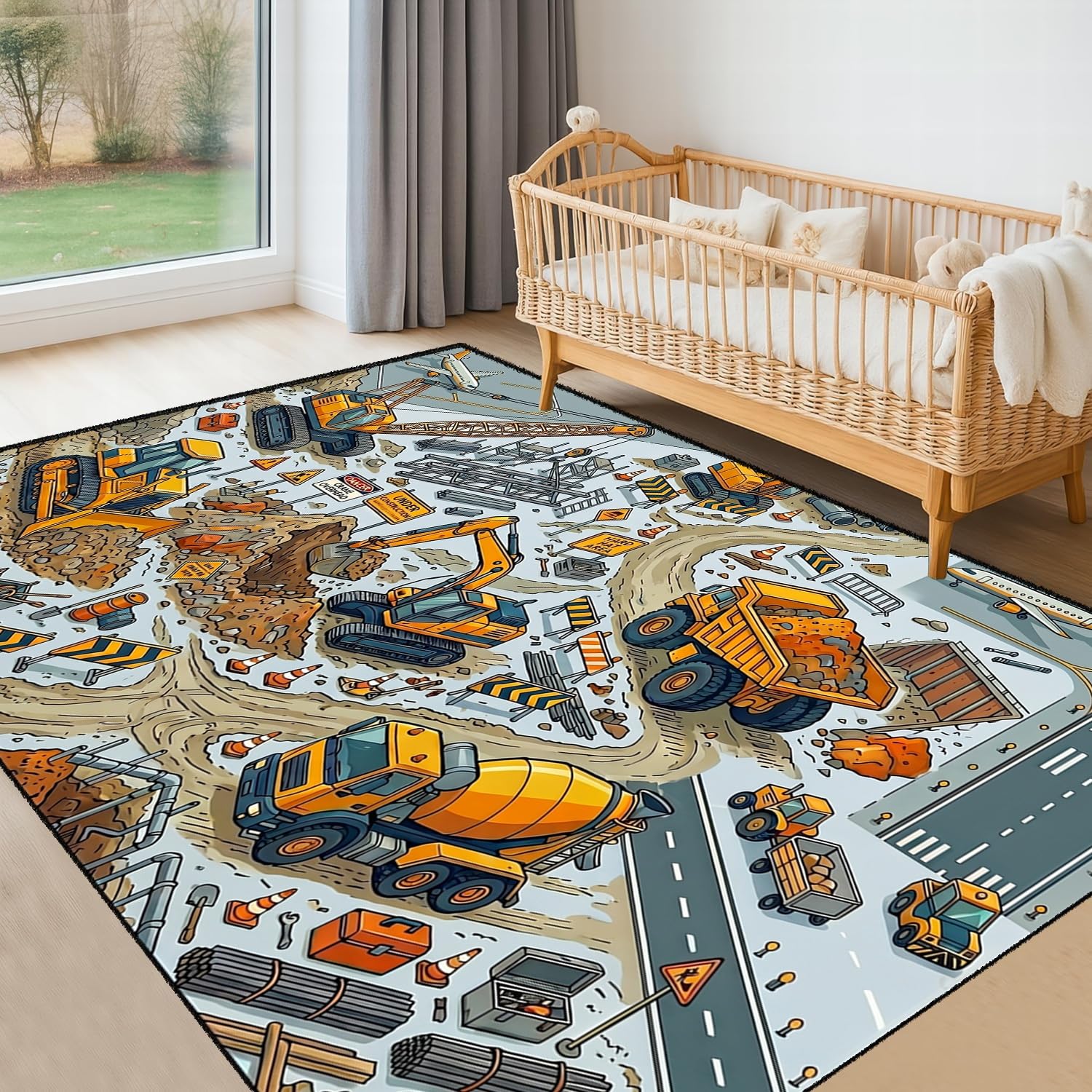 SMXVRC Construction Theme Kids Play Mat, 100x150cm, Construction Site and Airport Area Rug for Bedroom, Absorbent Fade Resistant Durable Rugs for Classroom Indoor Family