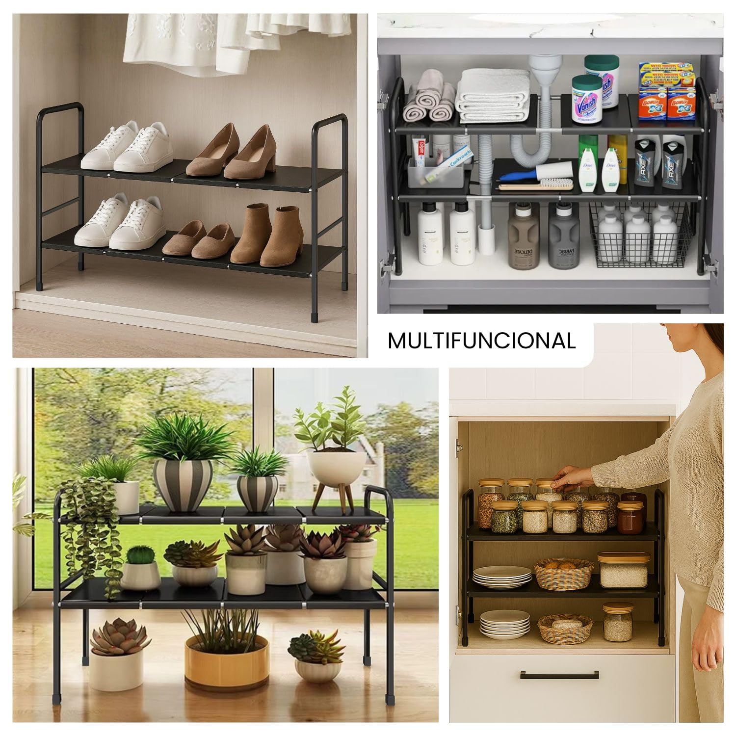 Organizador Cocina Bajo Fregadero Extensible de 2 Niveles | Estantería Multiuso en Acero al Carbono de Alta Resistencia | Organizador Ajustable para Armarios con Tuberías en Cocinas y Baños