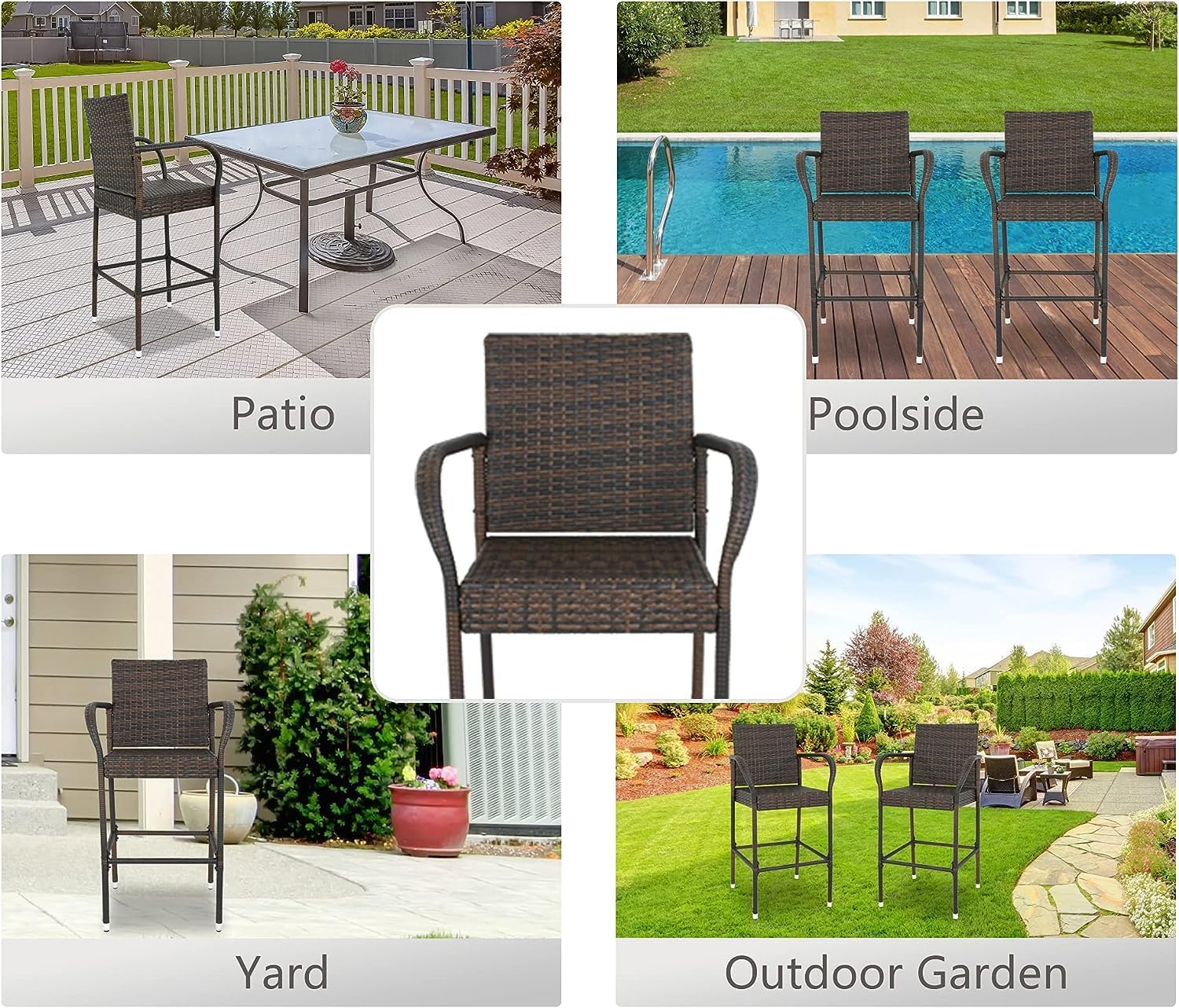 Set of 2 Wicker Bar Stool All Weather Outdoor Backyard Rattan Chair Patio Furniture with Armrest and Footrest