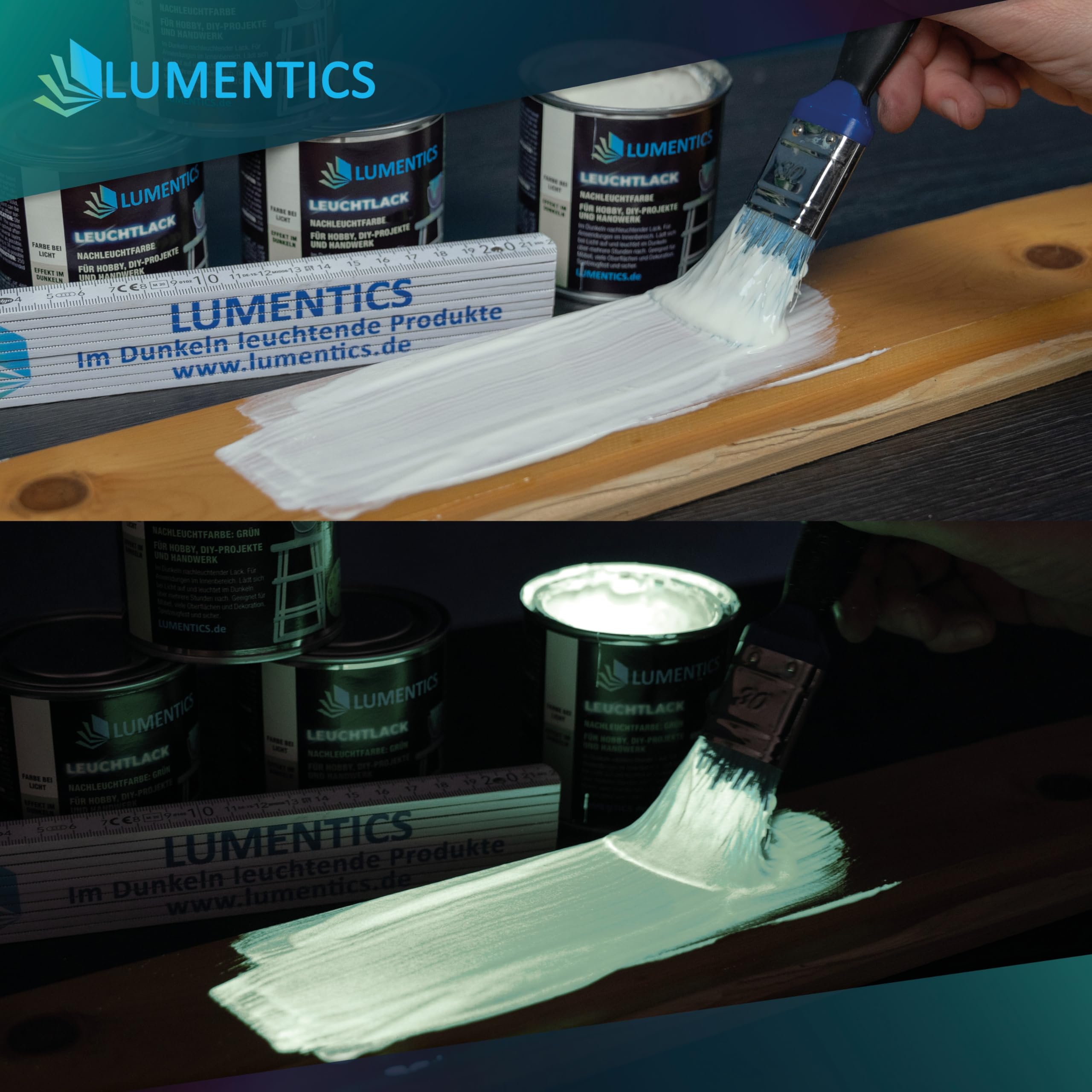 LUMENTICS Lack nachleuchtend Weiß 250ml - Farbe leuchtet im Dunkeln - Selbstleuchtender Lack auf Acrylbasis - Leuchtlack phosphoreszierend, fluoreszierend, wiederaufladbar, geruchsarm