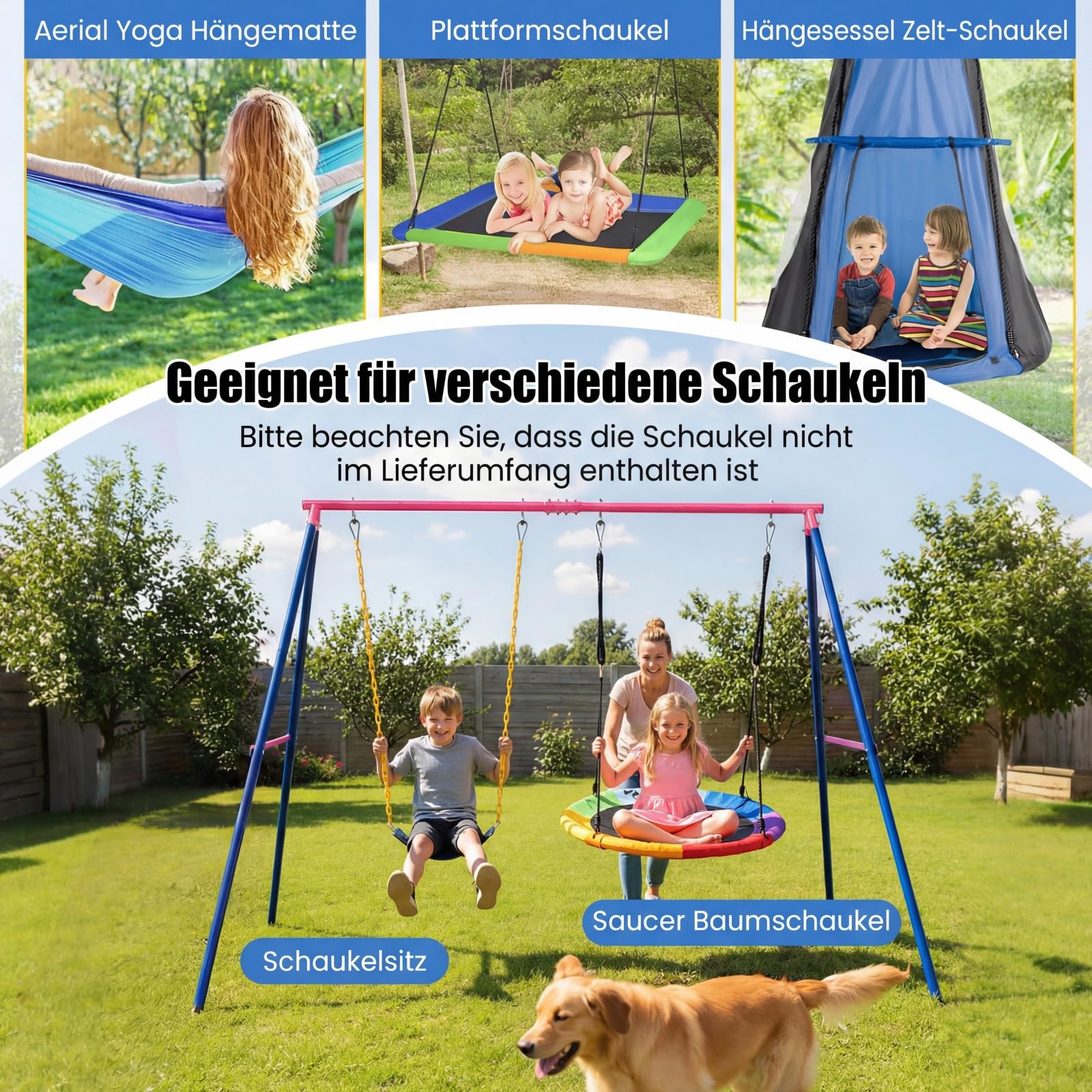 COSTWAY Podwójna huśtawka ze stelażem, huśtawka outdoorowa dla dzieci, stelaż huśtawki z huśtawką dziecięcą i huśtawką gniazdową, obciążenie do 250 kg (2 huśtawki ze stelażem)