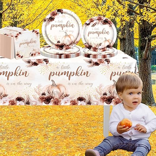 Miniatura 2 de Decoraciones de baby shower de calabaza pequeña, decoraciones de vajilla de otoño para baby shower, incluye platos de calabaza pequeña, servilletas,