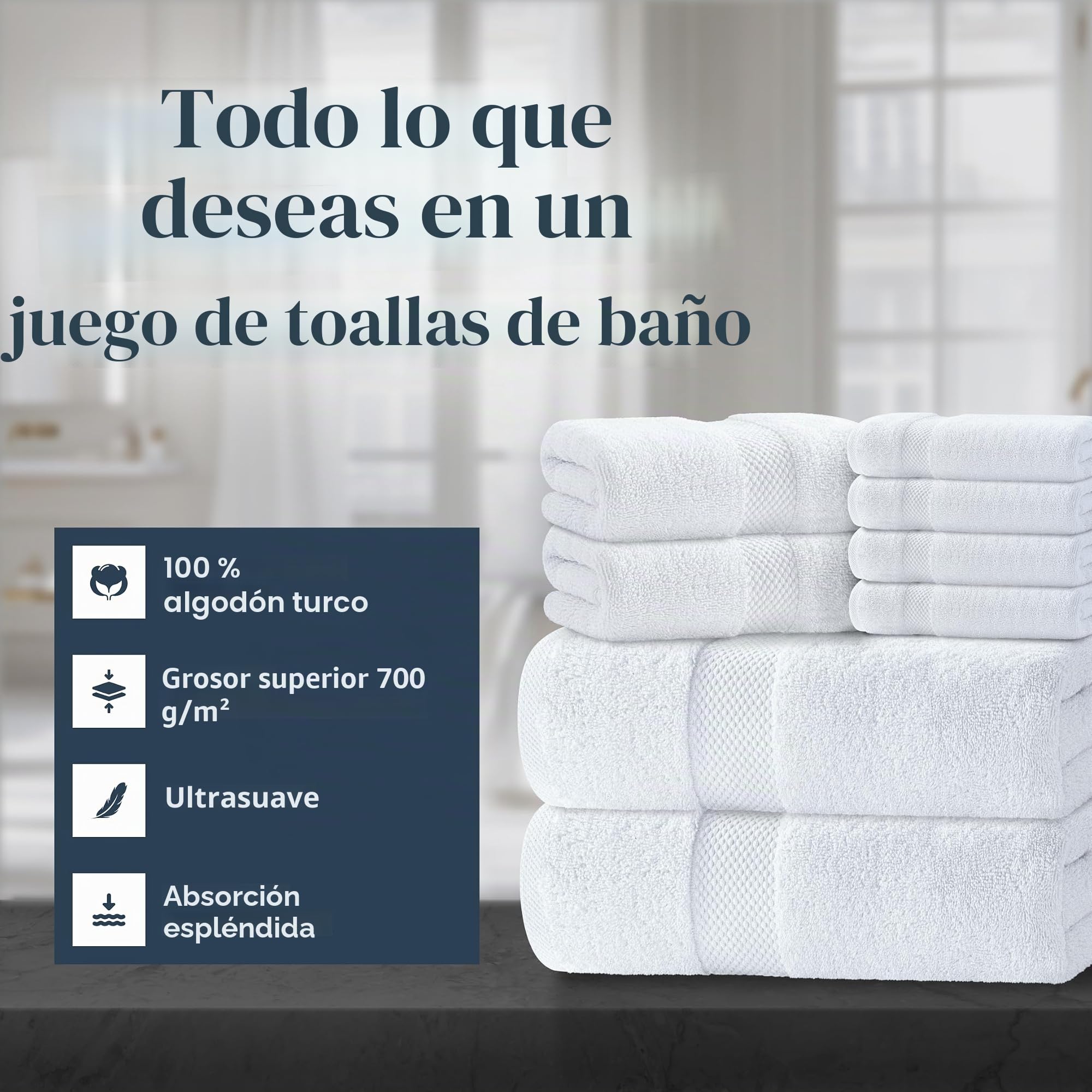 Juego de toallas blanco de baño de lujo, algodón peinado, absorbentes, 8 unidades, 2 toallas de baño, 2 toallas de mano, 4 paños, paquete de 8 unidades, 4 paños, paquete de 8 unidades, blanco