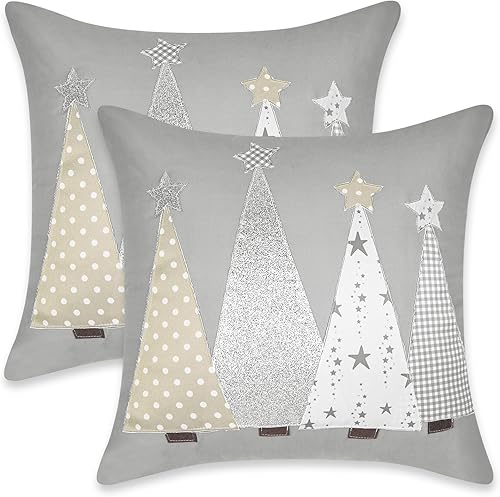 Juego de 2 fundas de almohada de Navidad de 18 x 18 pulgadas, fundas de almohada plateadas brillantes y elegantes con árbol de Navidad para